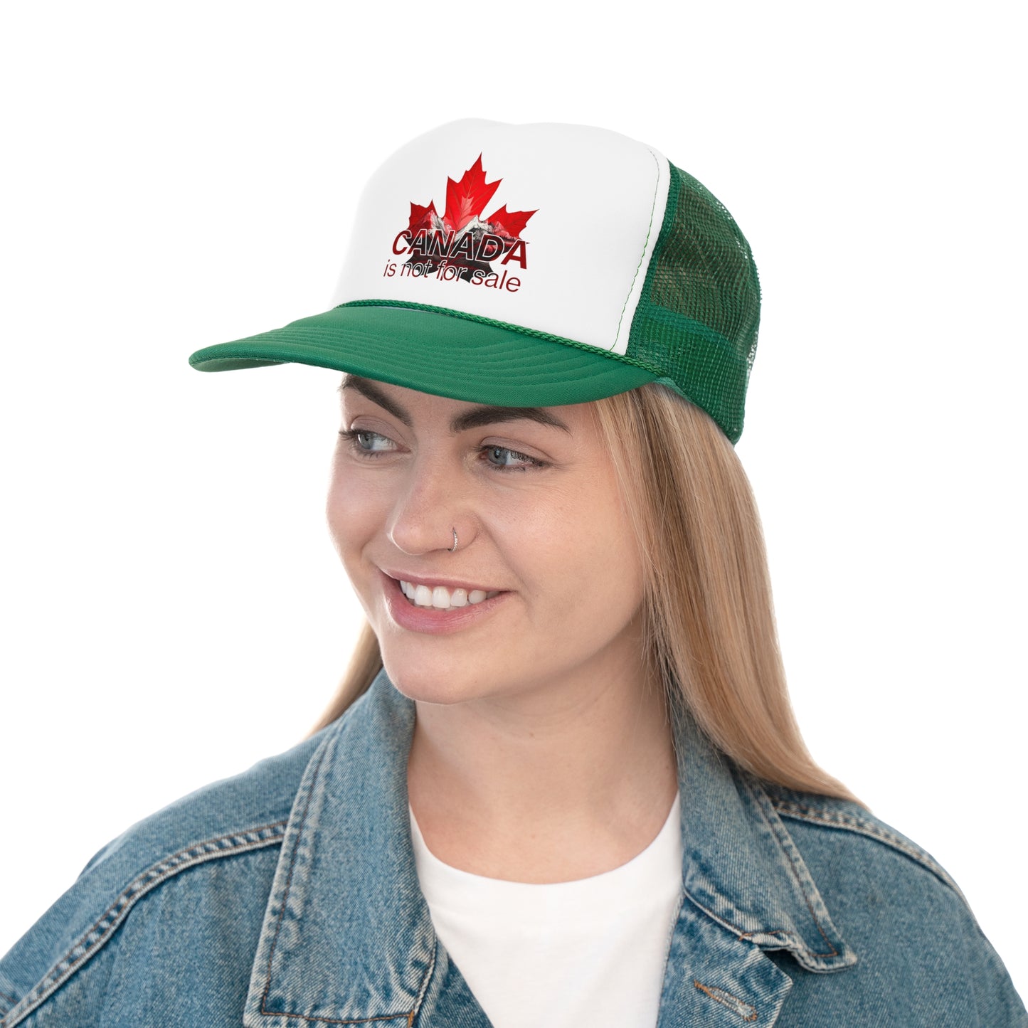 Trucker Cap “Canada is Not for Sale” – Adjustable Mesh Hat, Red Maple Leaf and Mountains Design