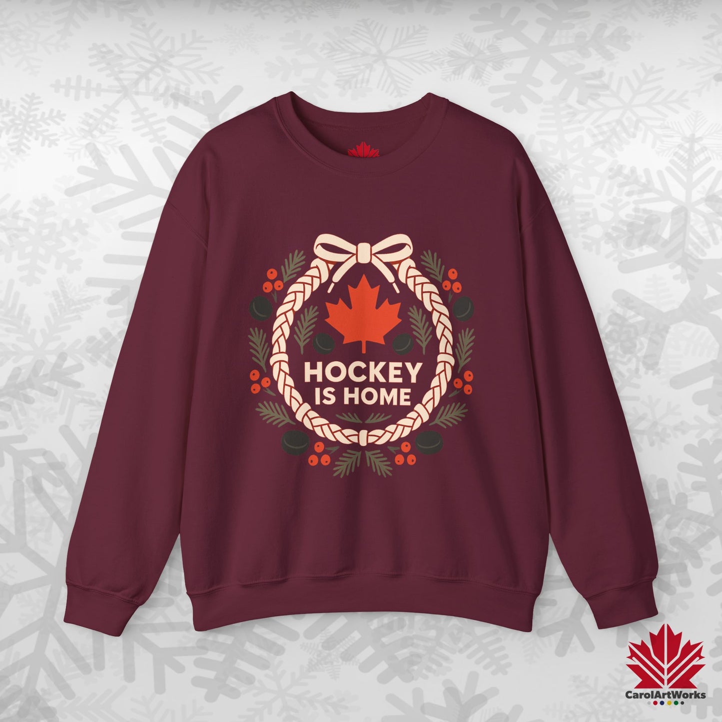 Hockey Lace Wreath Sweatshirt | Canadian Hockey Christmas Crewneck | Premium Fleece Sweatshirt