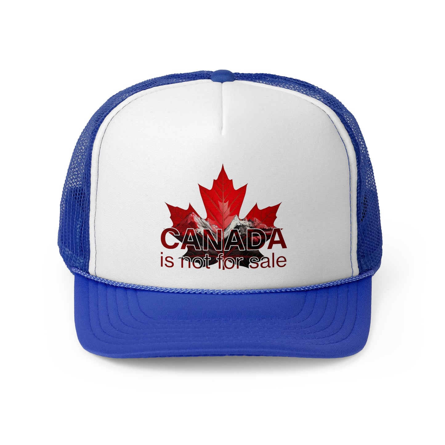 Trucker Cap “Canada is Not for Sale” – Adjustable Mesh Hat, Red Maple Leaf and Mountains Design