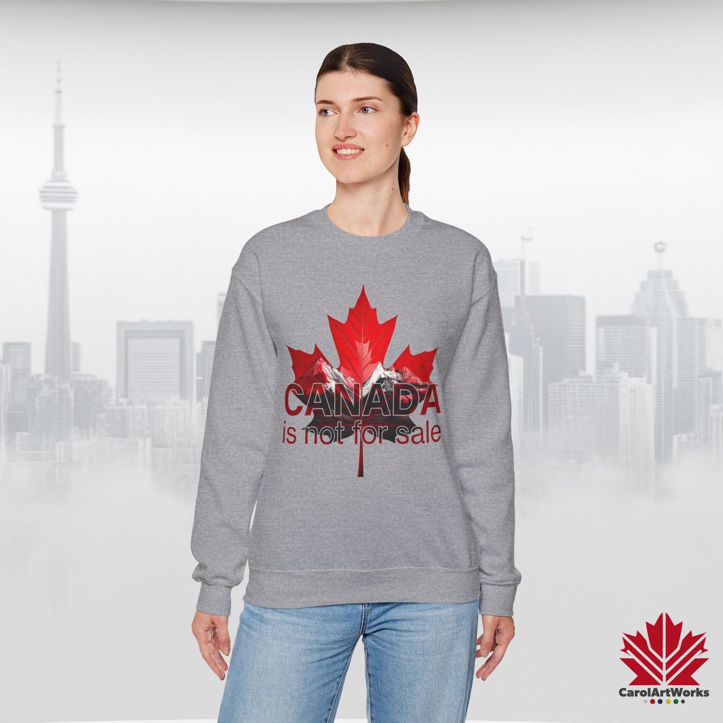 “Canada is Not for Sale” Crewneck Sweatshirt - Red Maple Leaf and Mountains, Soft and Warm