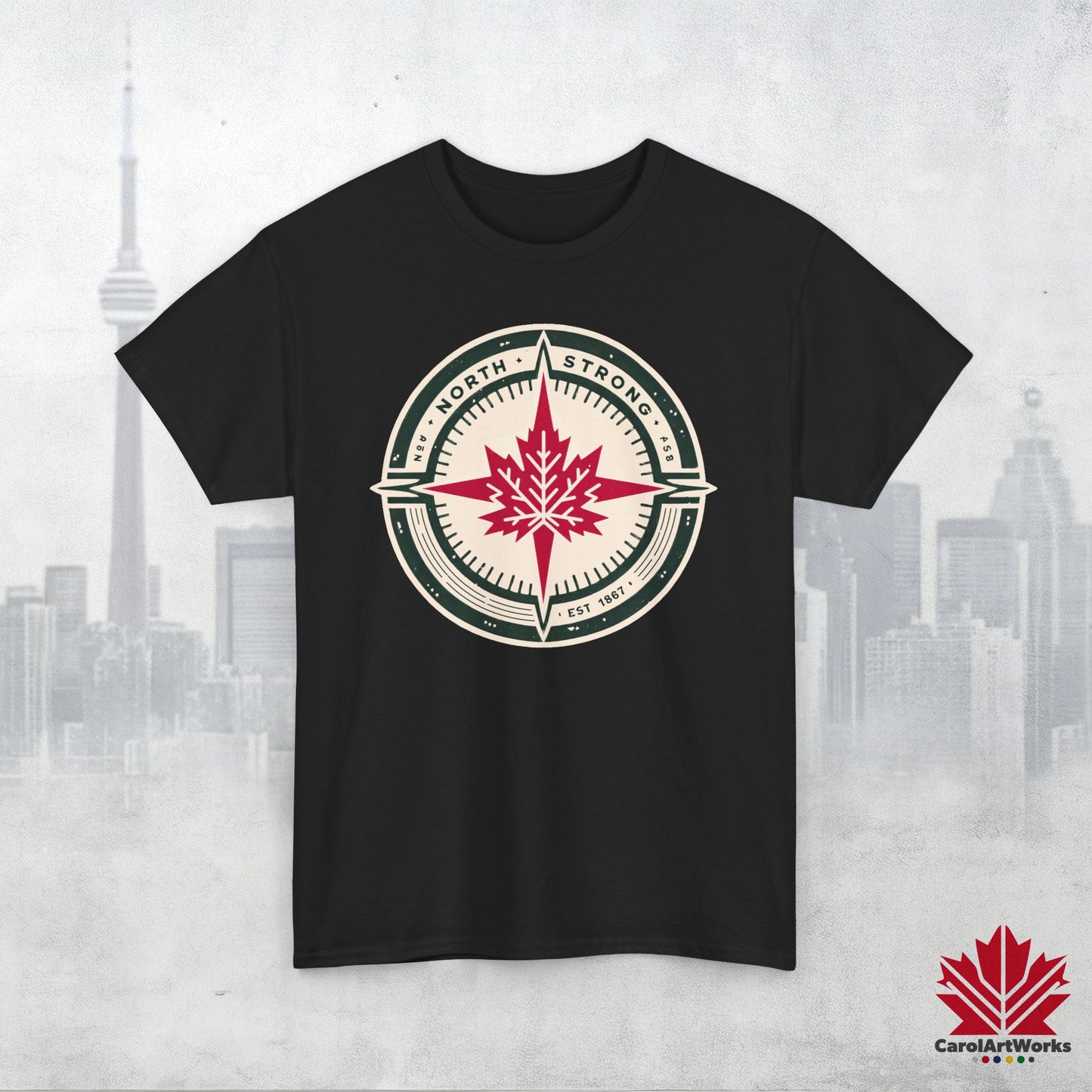 “North Strong” Compass Design – Unisex Cotton Tee – Navigate Adventure with Canadian Pride