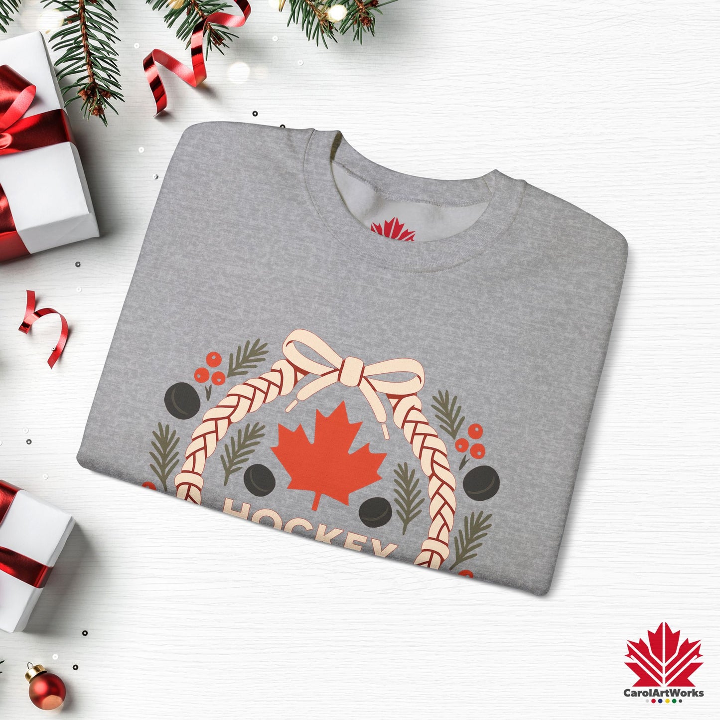 Hockey Lace Wreath Sweatshirt | Canadian Hockey Christmas Crewneck | Premium Fleece Sweatshirt