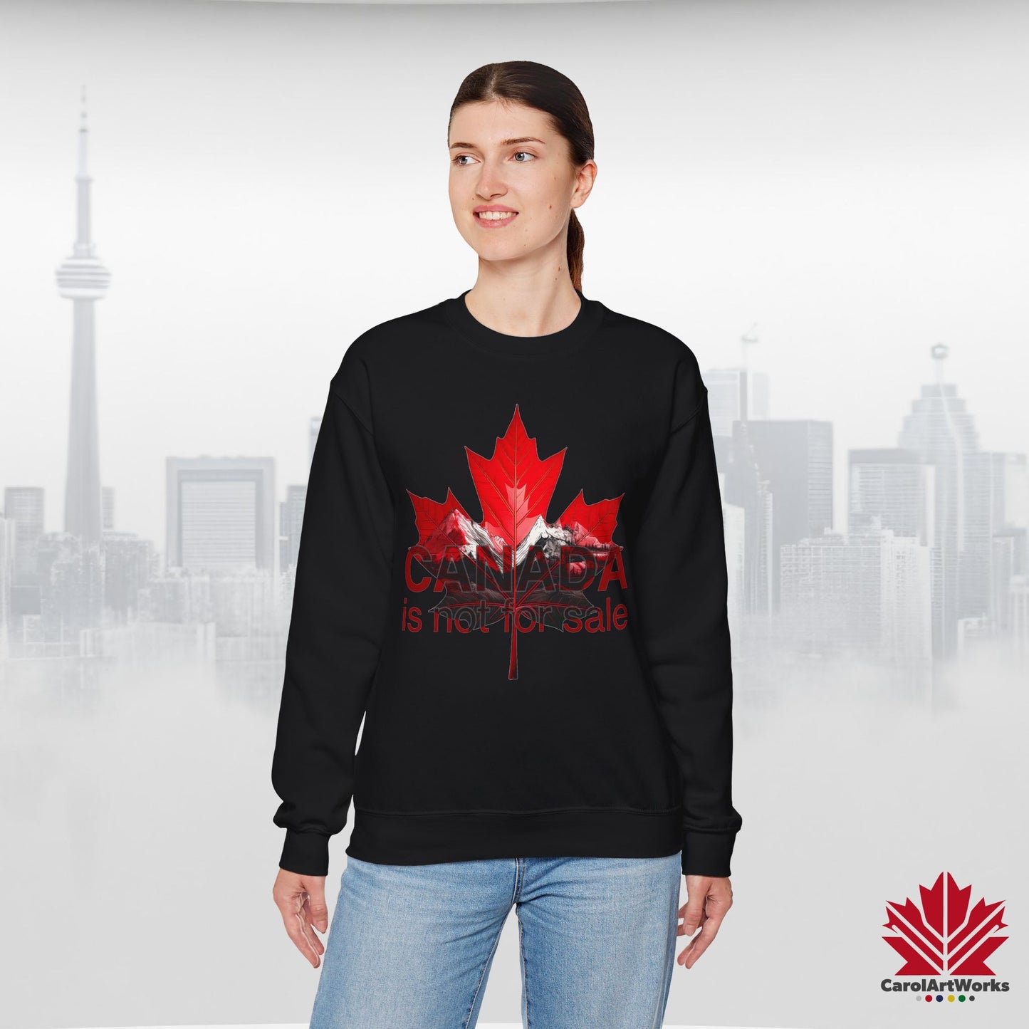 “Canada is Not for Sale” Crewneck Sweatshirt - Red Maple Leaf and Mountains, Soft and Warm