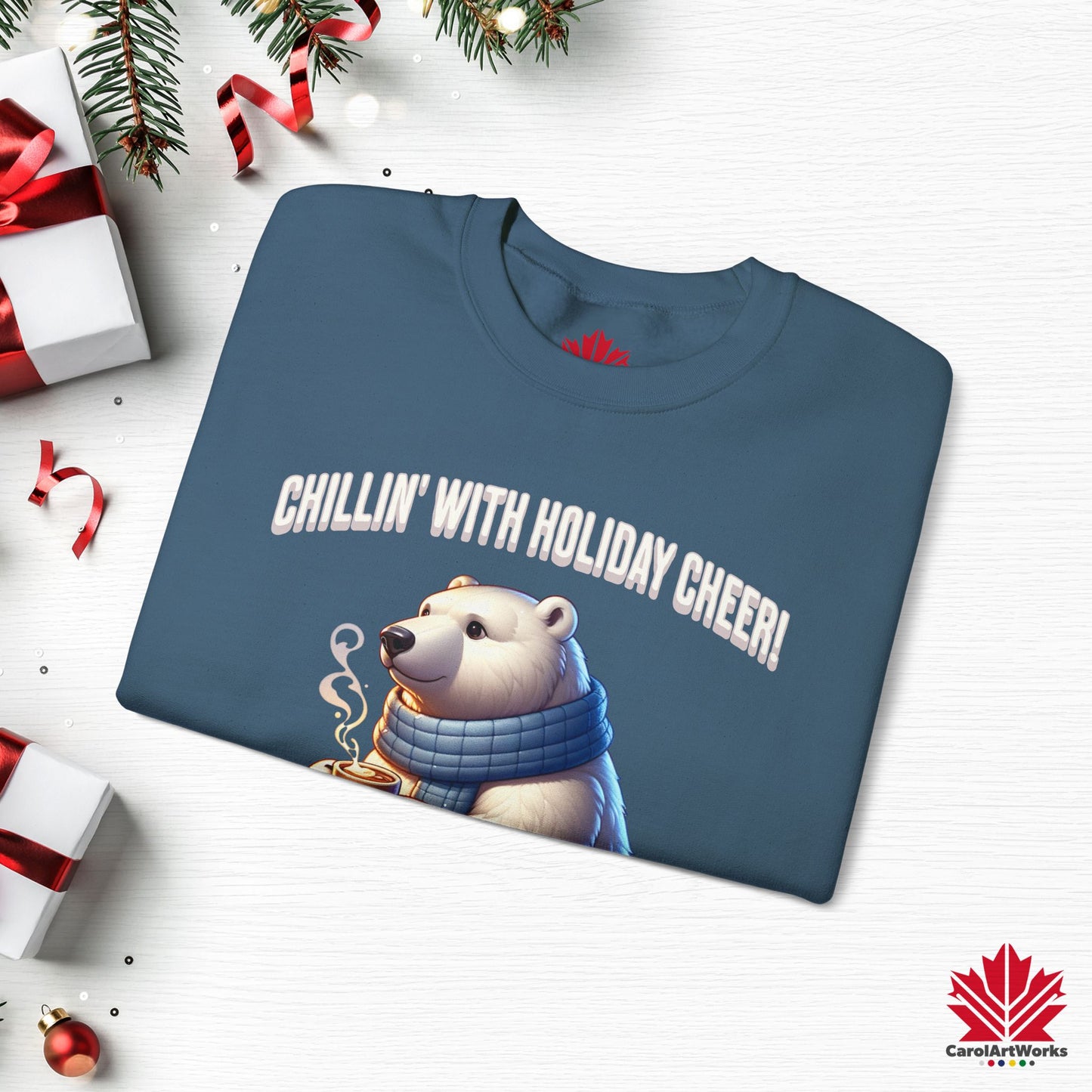 Chillin’ With Holiday Cheer Sweatshirt | Cozy Polar Bear Crewneck | Canadian-Made Holiday Fleece
