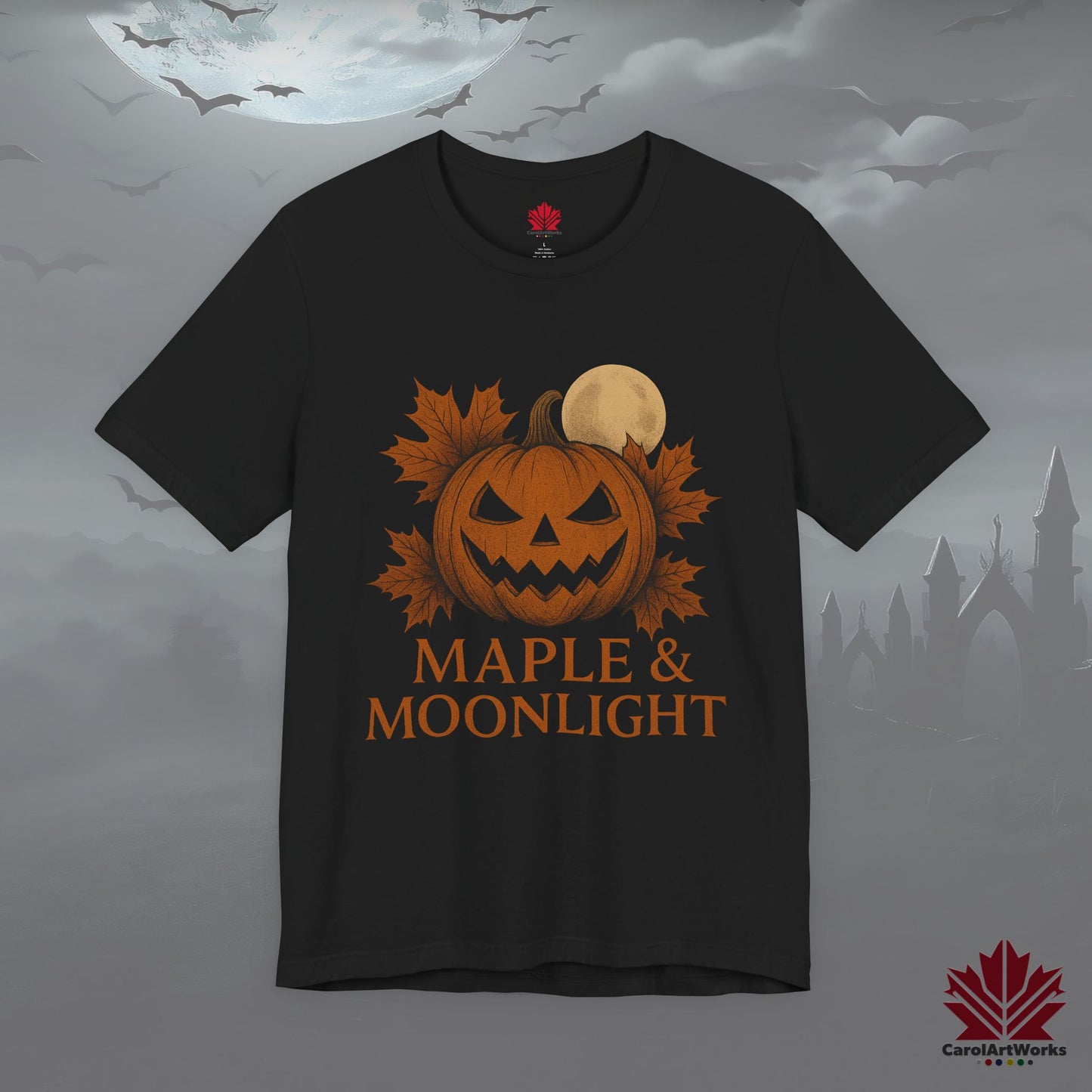 Maple & Moonlight – Canadian Halloween Tee - Pumpkin & Full Moon Design