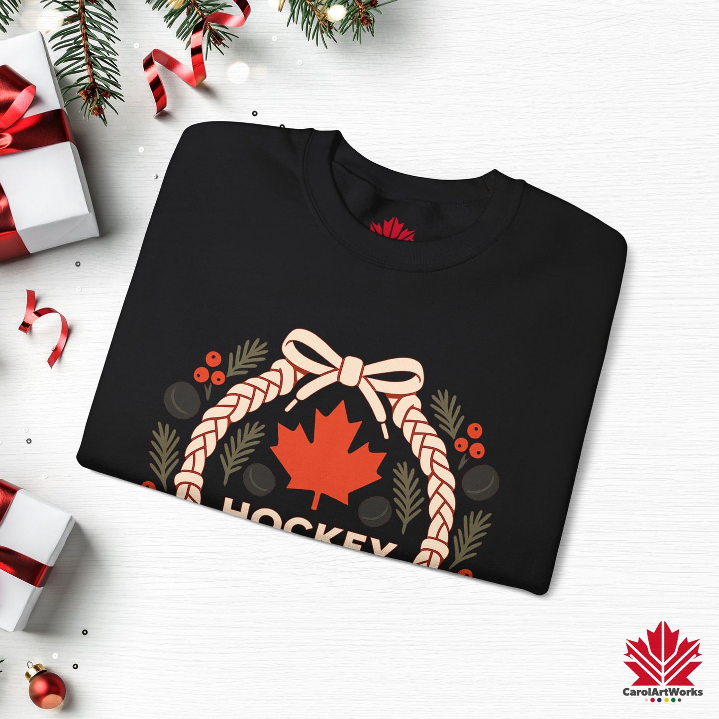 Hockey Lace Wreath Sweatshirt | Canadian Hockey Christmas Crewneck | Premium Fleece Sweatshirt