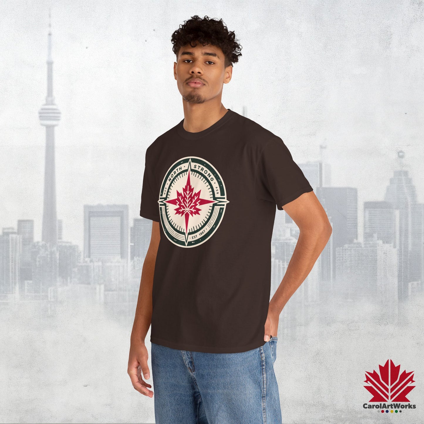 “North Strong” Compass Design – Unisex Cotton Tee – Navigate Adventure with Canadian Pride