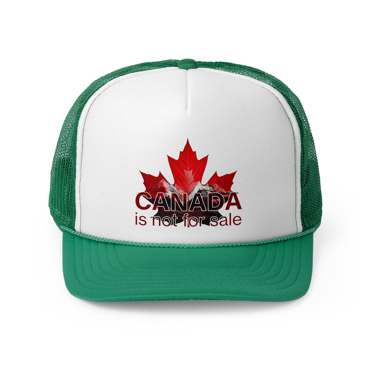 Trucker Cap “Canada is Not for Sale” – Adjustable Mesh Hat, Red Maple Leaf and Mountains Design