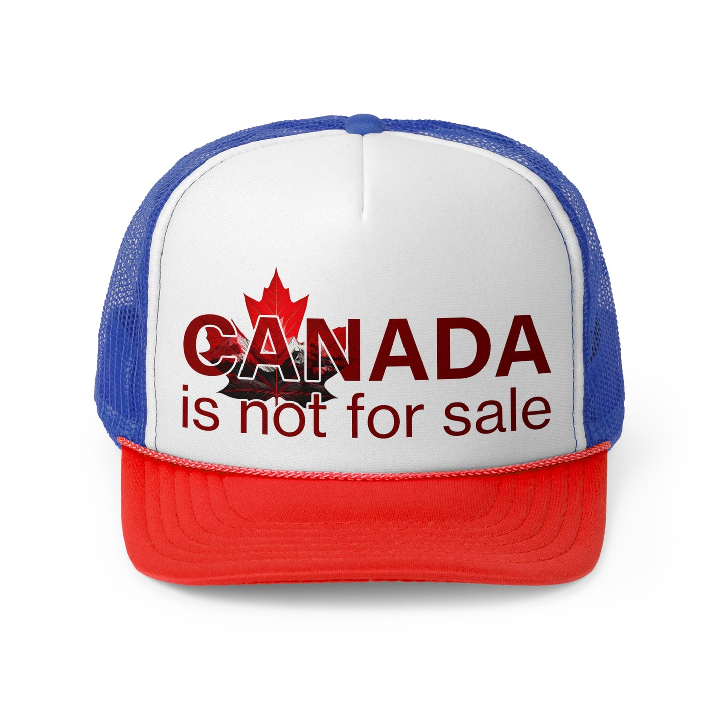 Trucker Cap “Canada is Not for Sale” – Adjustable Mesh Hat, Red Maple Leaf and Mountains Design