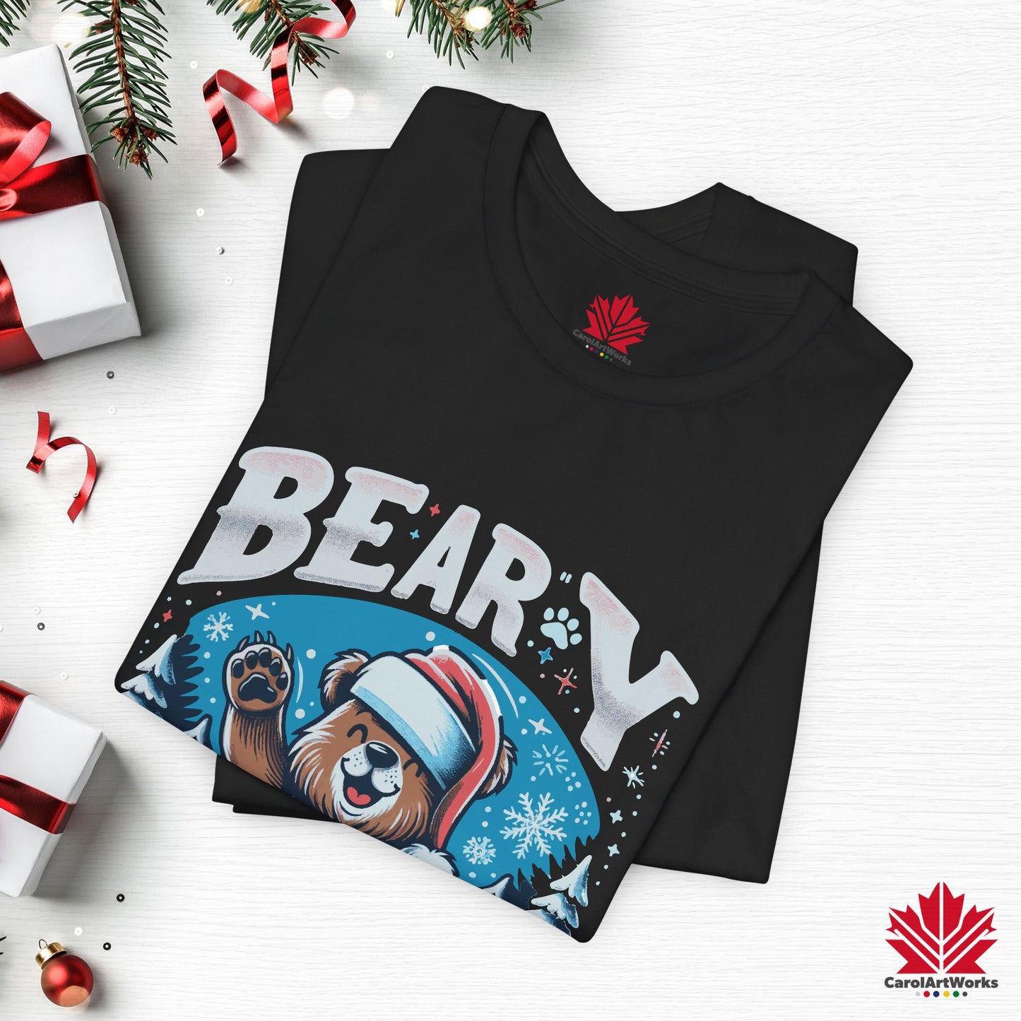 Beary Christmas | Funny Canadian Bear Christmas T-Shirt | Premium Cotton Holiday Tee – Made in Canada, Free Shipping