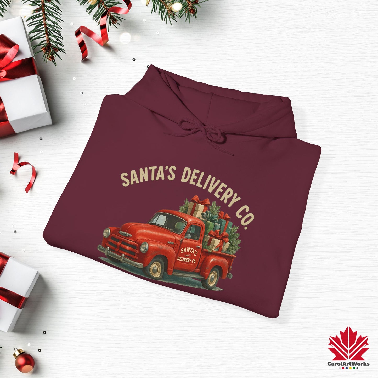 Santa’s Delivery Truck Hoodie | Vintage Red Truck Christmas Hoodie | Canadian Fleece Hoodie – Premium Softstyle
