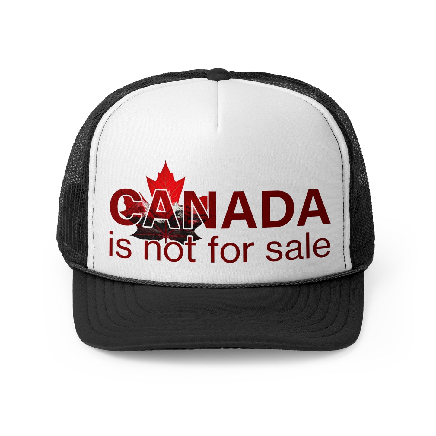 Trucker Cap “Canada is Not for Sale” – Adjustable Mesh Hat, Red Maple Leaf and Mountains Design