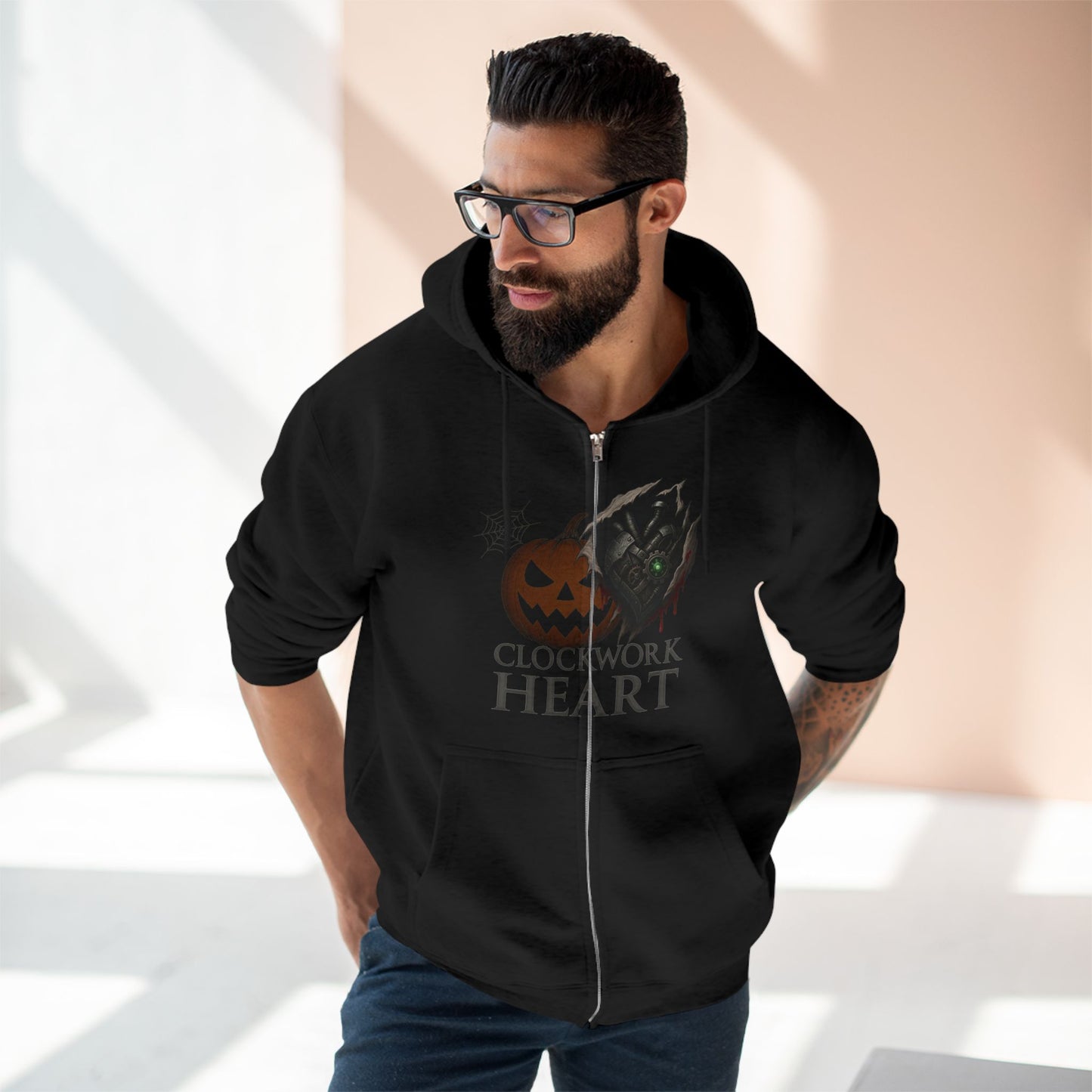 Clockwork Heart Zip Hoodie – Steampunk Halloween Design with Mechanical Heart