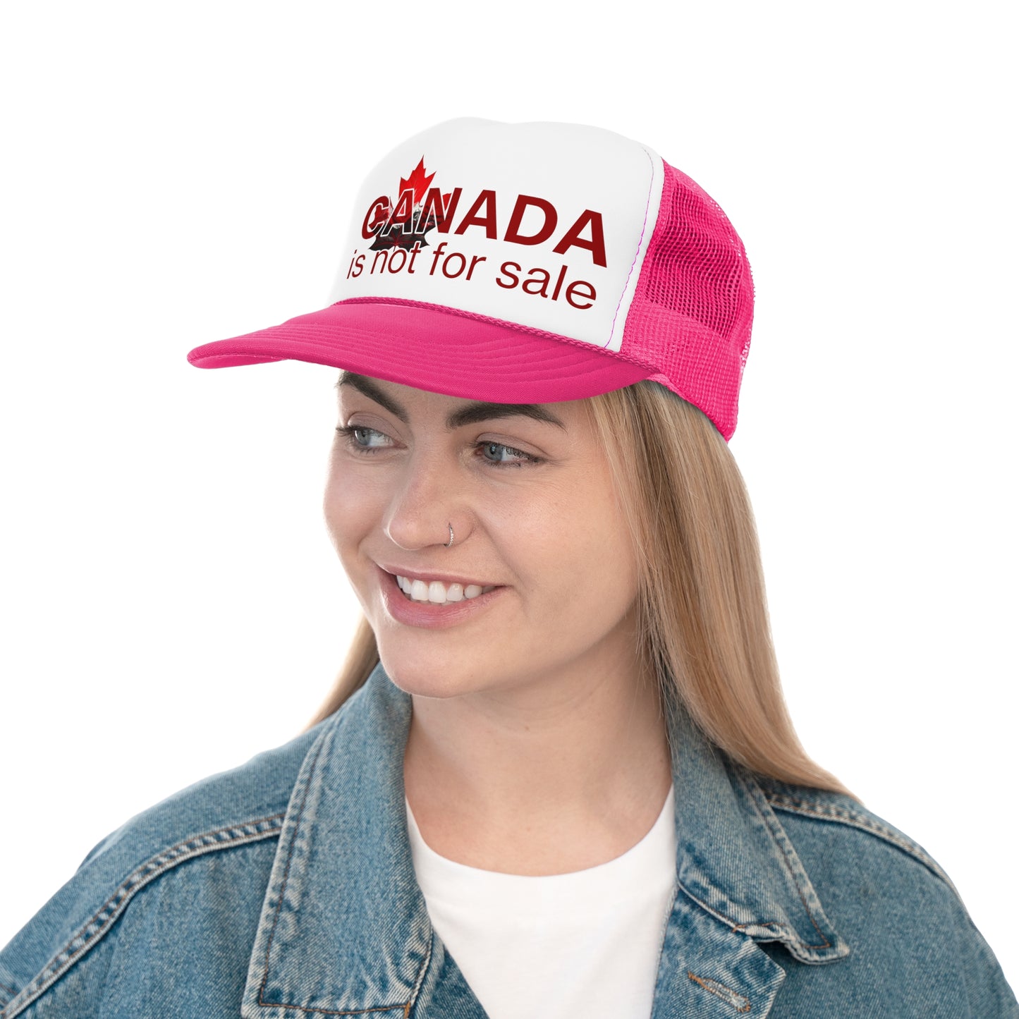 Trucker Cap “Canada is Not for Sale” – Adjustable Mesh Hat, Red Maple Leaf and Mountains Design
