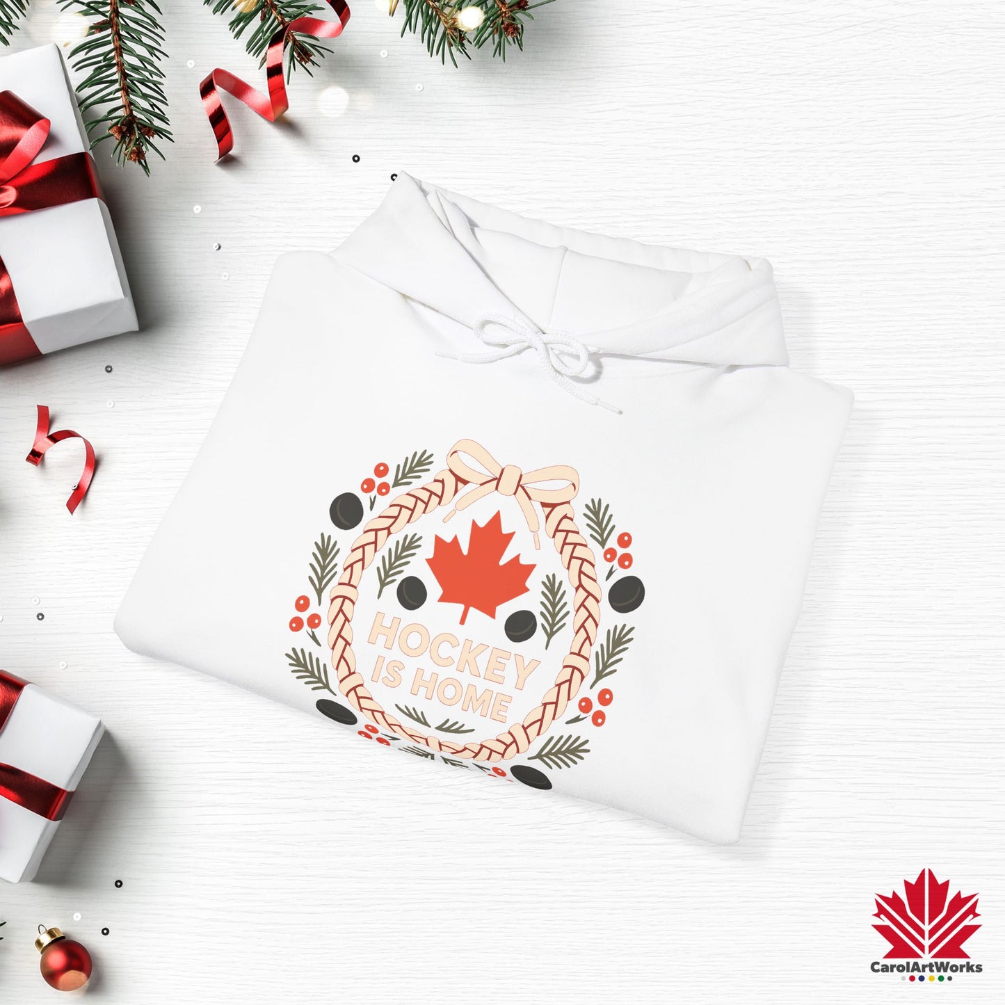 Hockey Lace Wreath Hoodie | Canadian Hockey Christmas Hoodie | Premium Fleece, Free Shipping