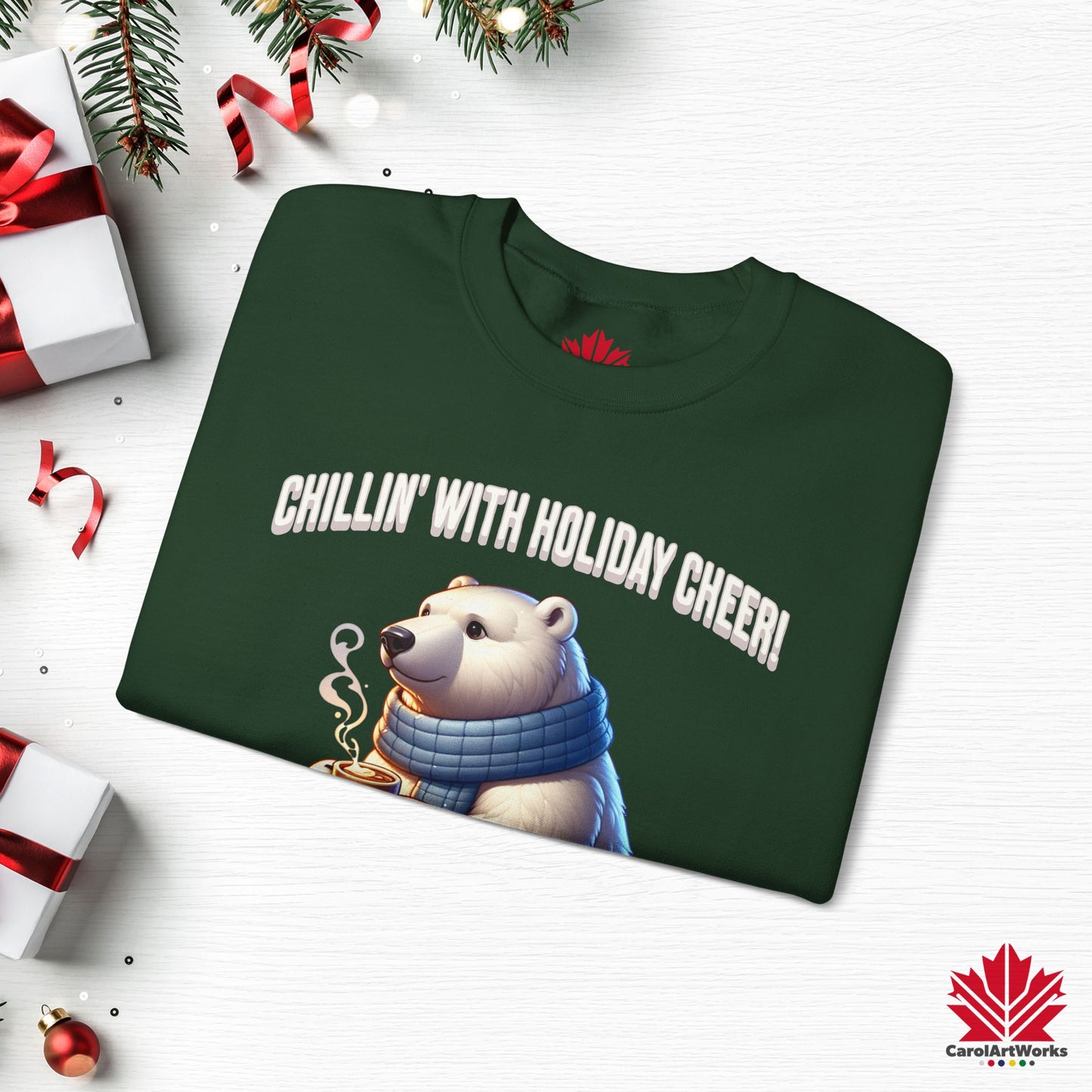 Chillin’ With Holiday Cheer Sweatshirt | Cozy Polar Bear Crewneck | Canadian-Made Holiday Fleece