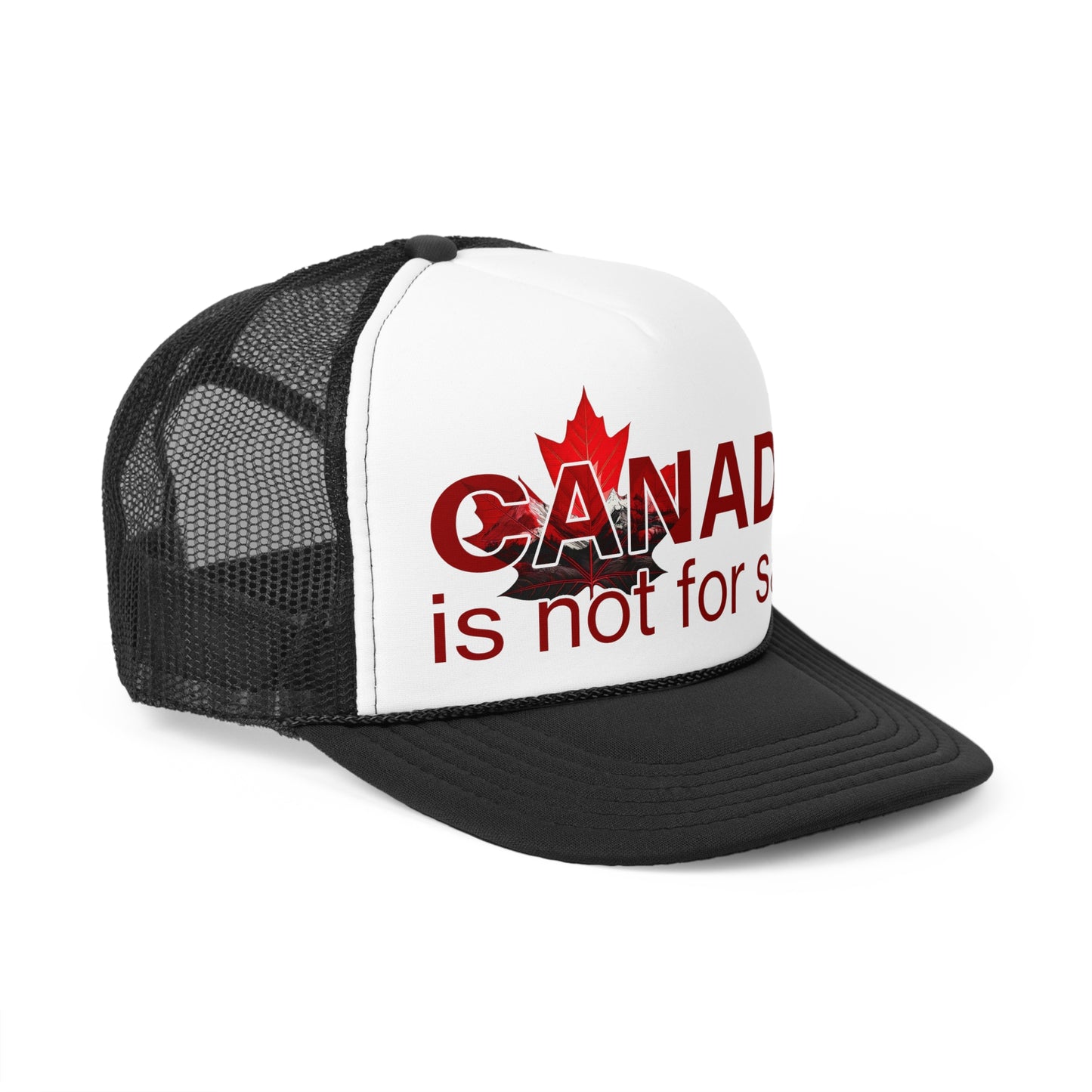 Trucker Cap “Canada is Not for Sale” – Adjustable Mesh Hat, Red Maple Leaf and Mountains Design