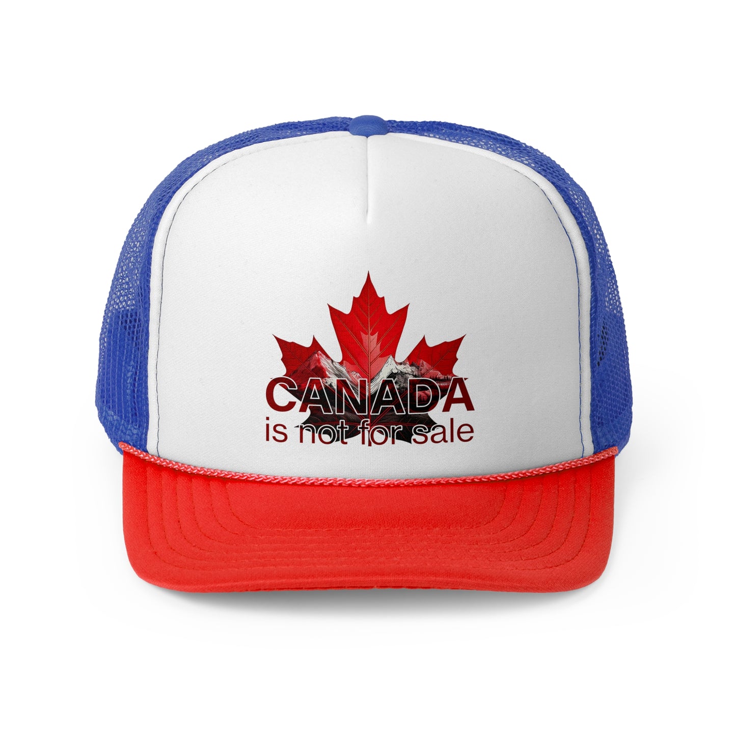 Trucker Cap “Canada is Not for Sale” – Adjustable Mesh Hat, Red Maple Leaf and Mountains Design