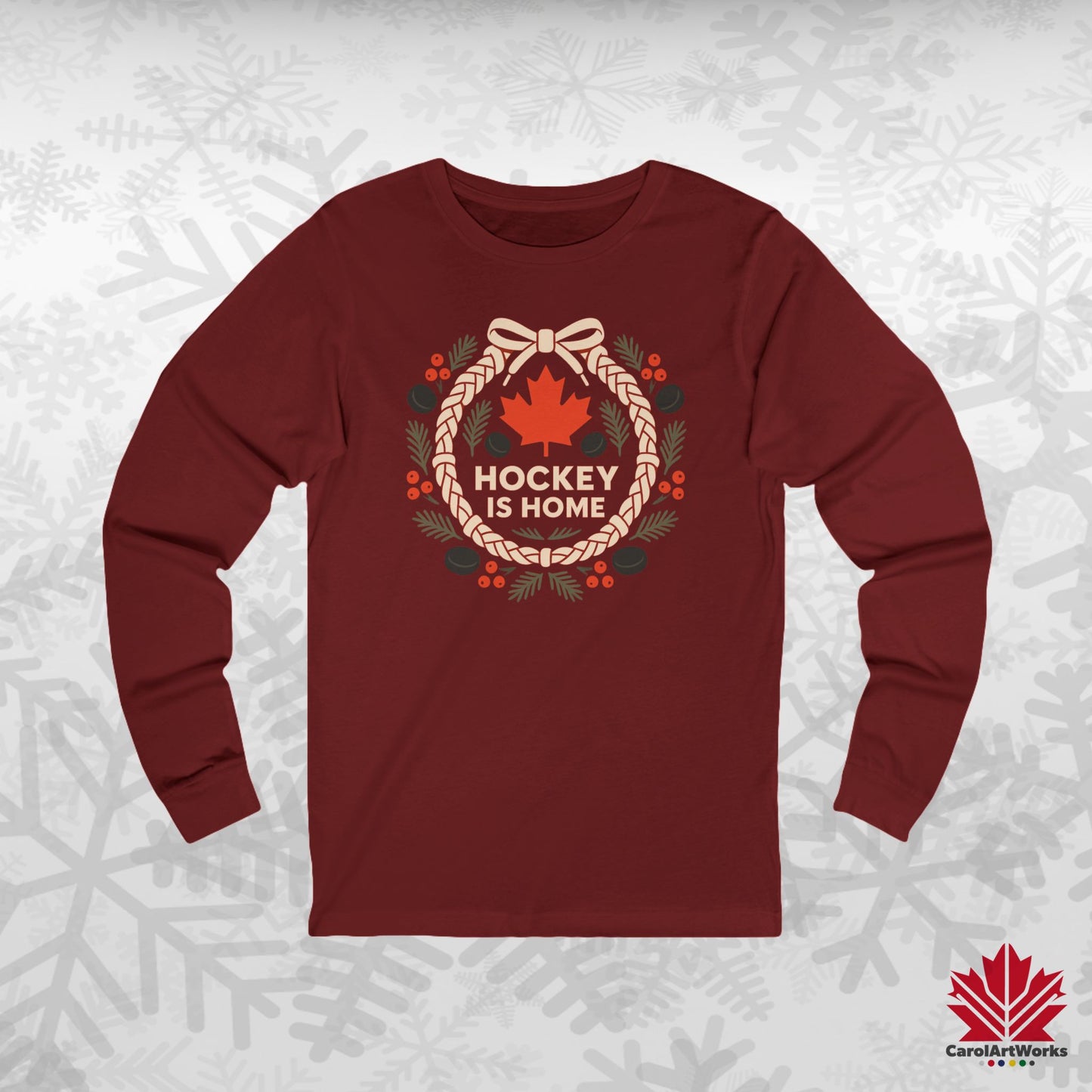 Hockey Lace Wreath Long Sleeve | Canadian Hockey Christmas Shirt | Premium Cotton Tee