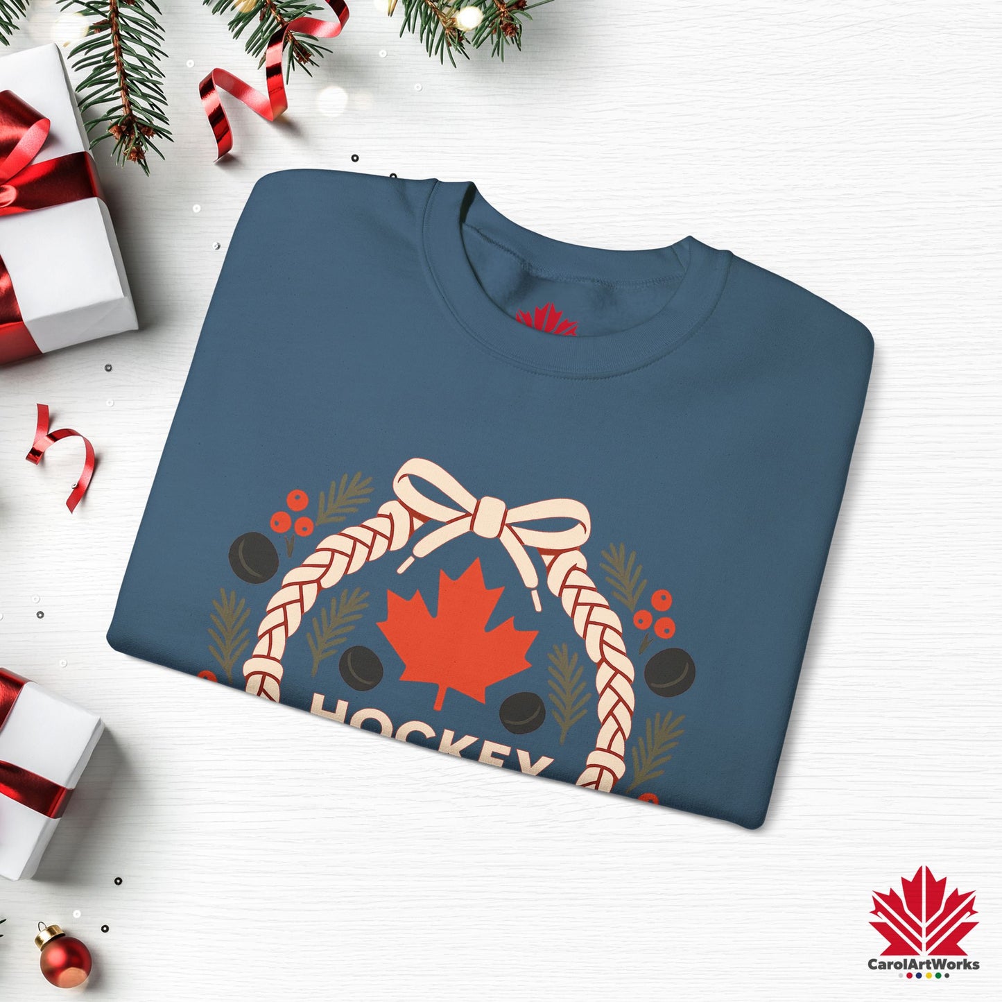 Hockey Lace Wreath Sweatshirt | Canadian Hockey Christmas Crewneck | Premium Fleece Sweatshirt