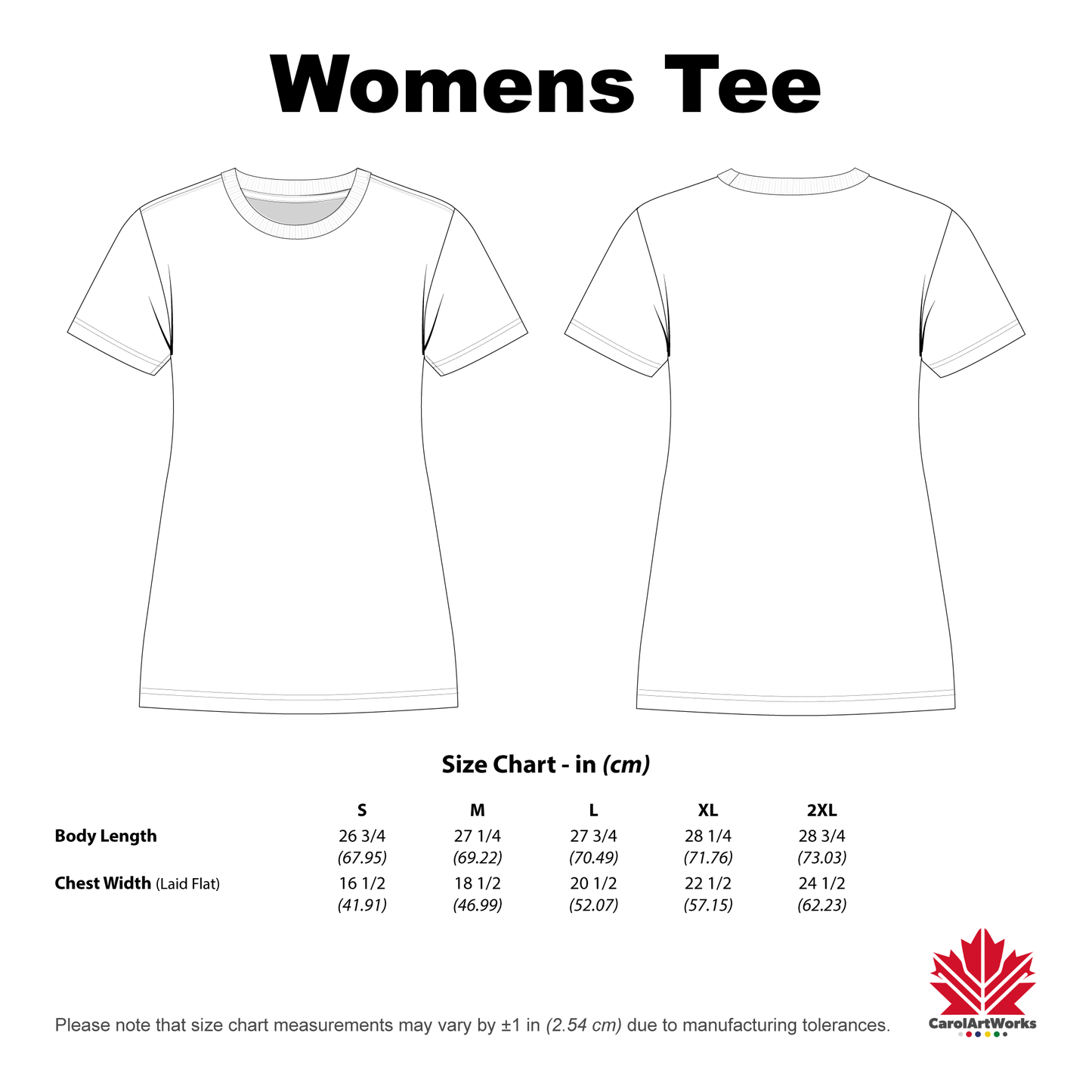 White t-shirt with size chart for women's tees on a white background