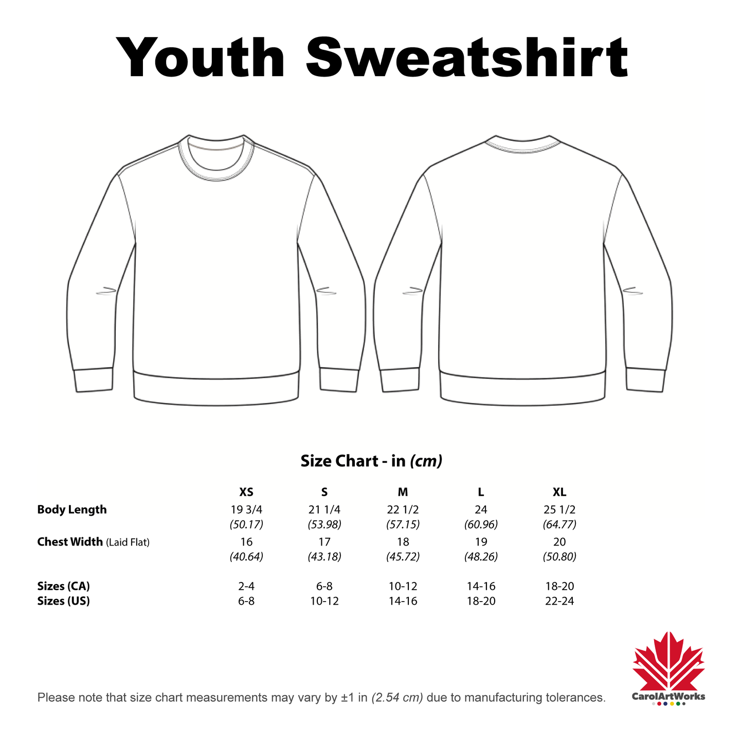 Youth sweatshirt size chart with front and back views and Carhartt logo.