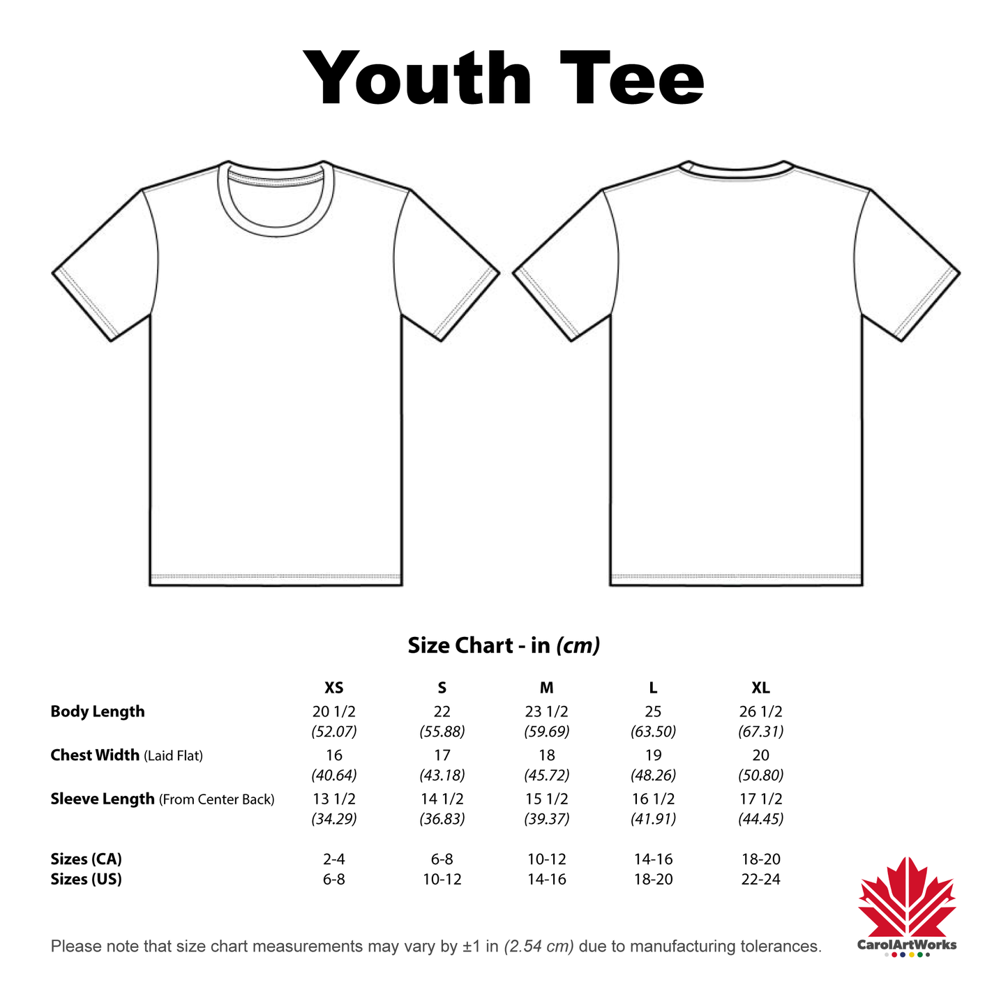 Size chart for youth t-shirts with front and back views, including measurements in inches and centimeters.