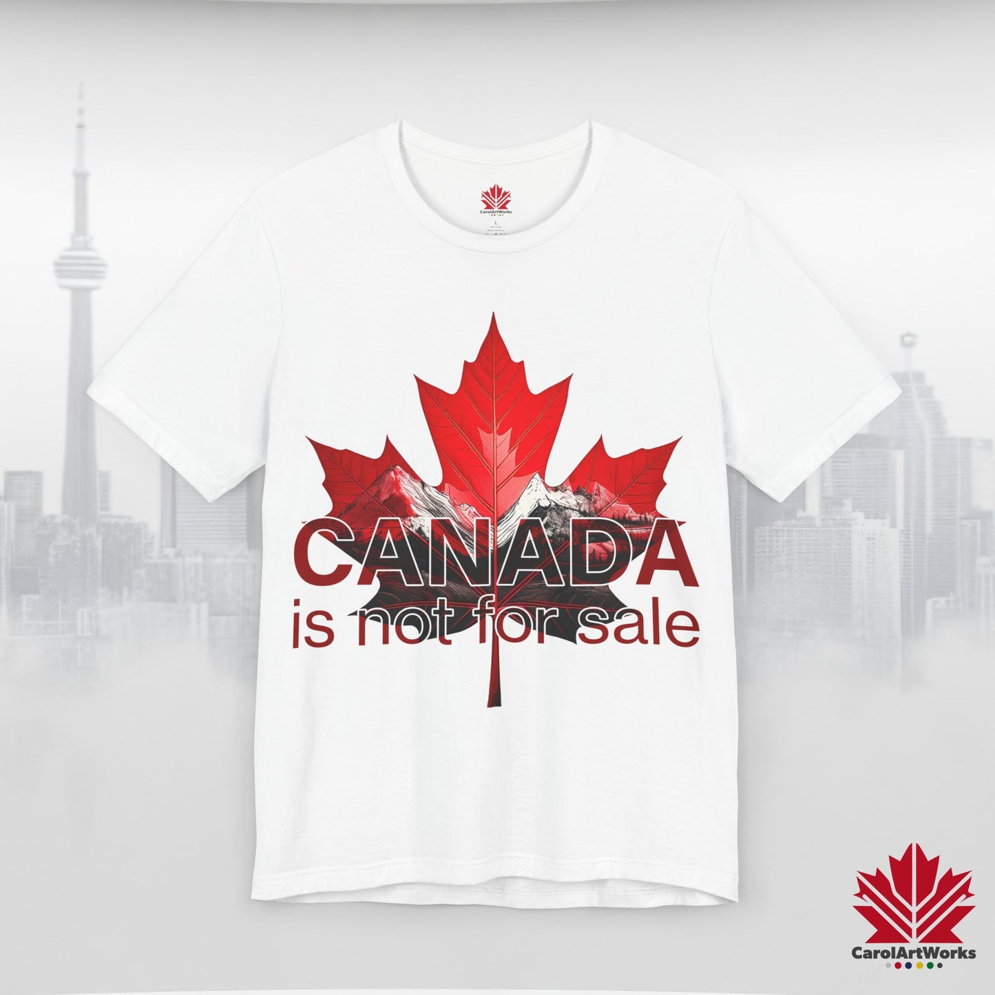 “Canada is not for Sale” Unisex Short Sleeve Tee – Red Maple Leaf and Mountains, Stylish Canada Shirt