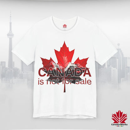 “Canada is not for Sale” Unisex Short Sleeve Tee – Red Maple Leaf and Mountains, Stylish Canada Shirt