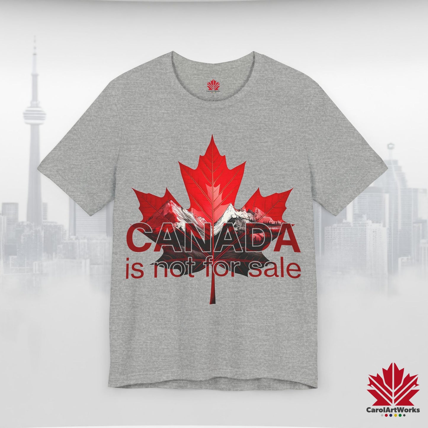 “Canada is not for Sale” Unisex Short Sleeve Tee – Red Maple Leaf and Mountains, Stylish Canada Shirt