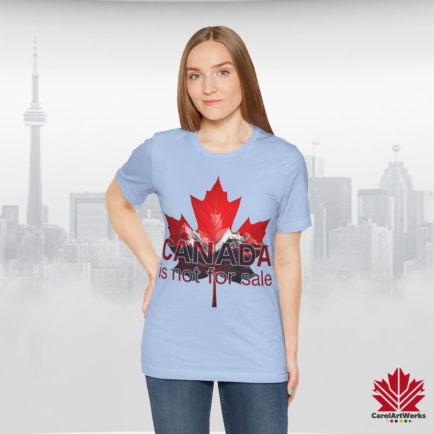 “Canada is not for Sale” Unisex Short Sleeve Tee – Red Maple Leaf and Mountains, Stylish Canada Shirt