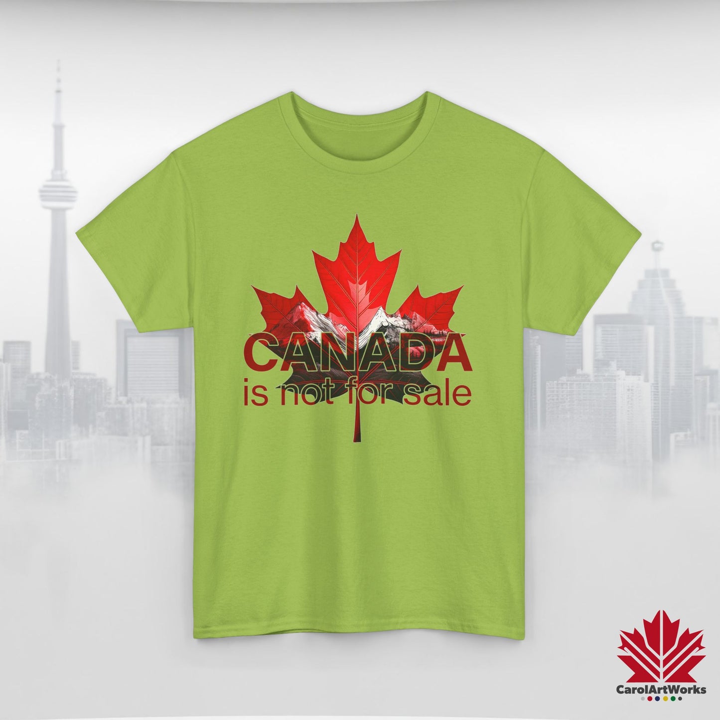 “Canada is not for Sale” Unisex Heavy Cotton Tee – Red Maple Leaf and Mountains, Stylish Canada Shirt