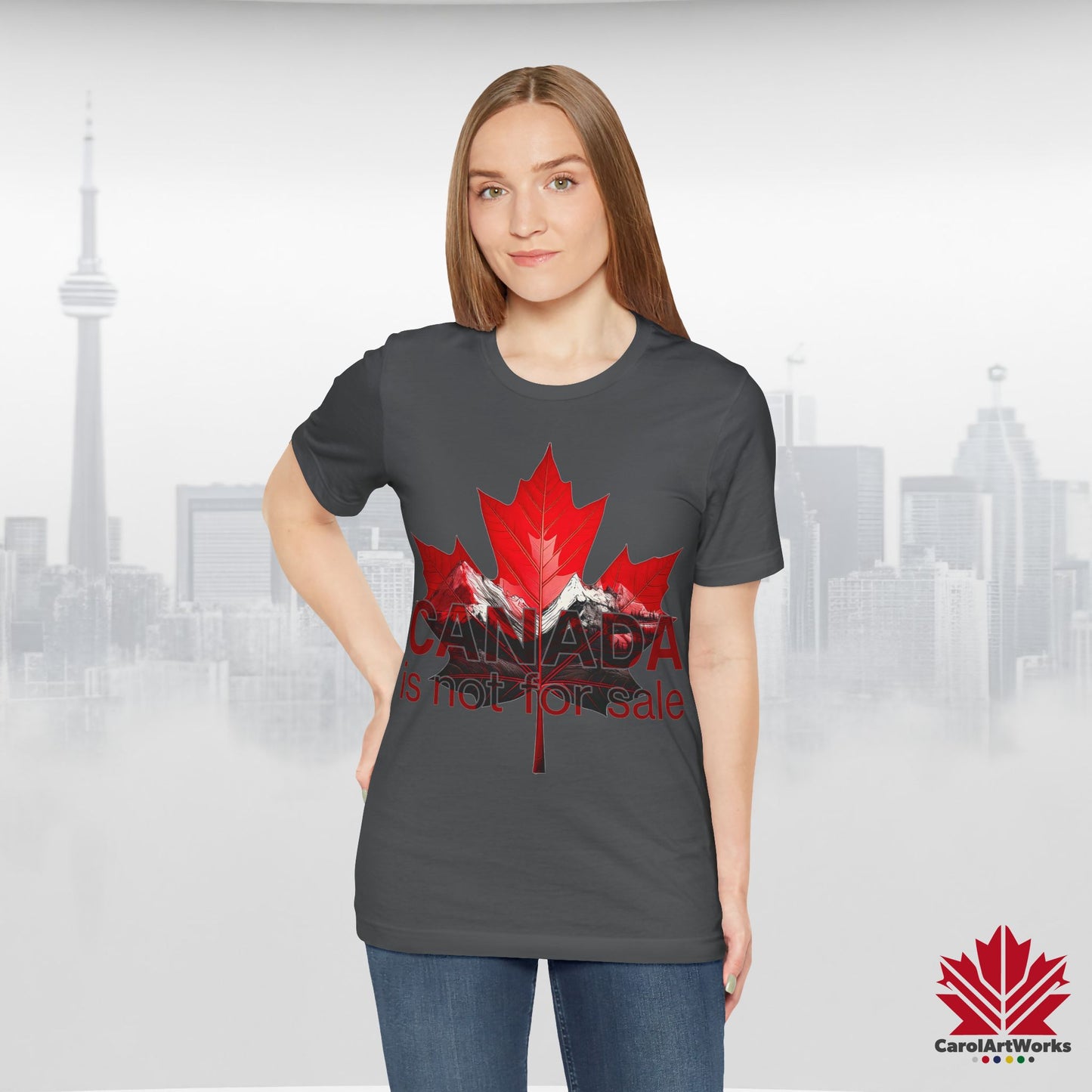 “Canada is not for Sale” Unisex Short Sleeve Tee – Red Maple Leaf and Mountains, Stylish Canada Shirt