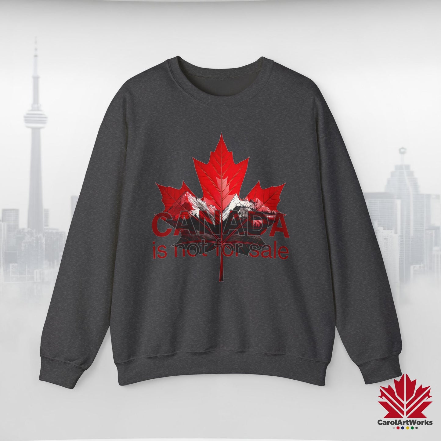 “Canada is Not for Sale” Crewneck Sweatshirt - Red Maple Leaf and Mountains, Soft and Warm