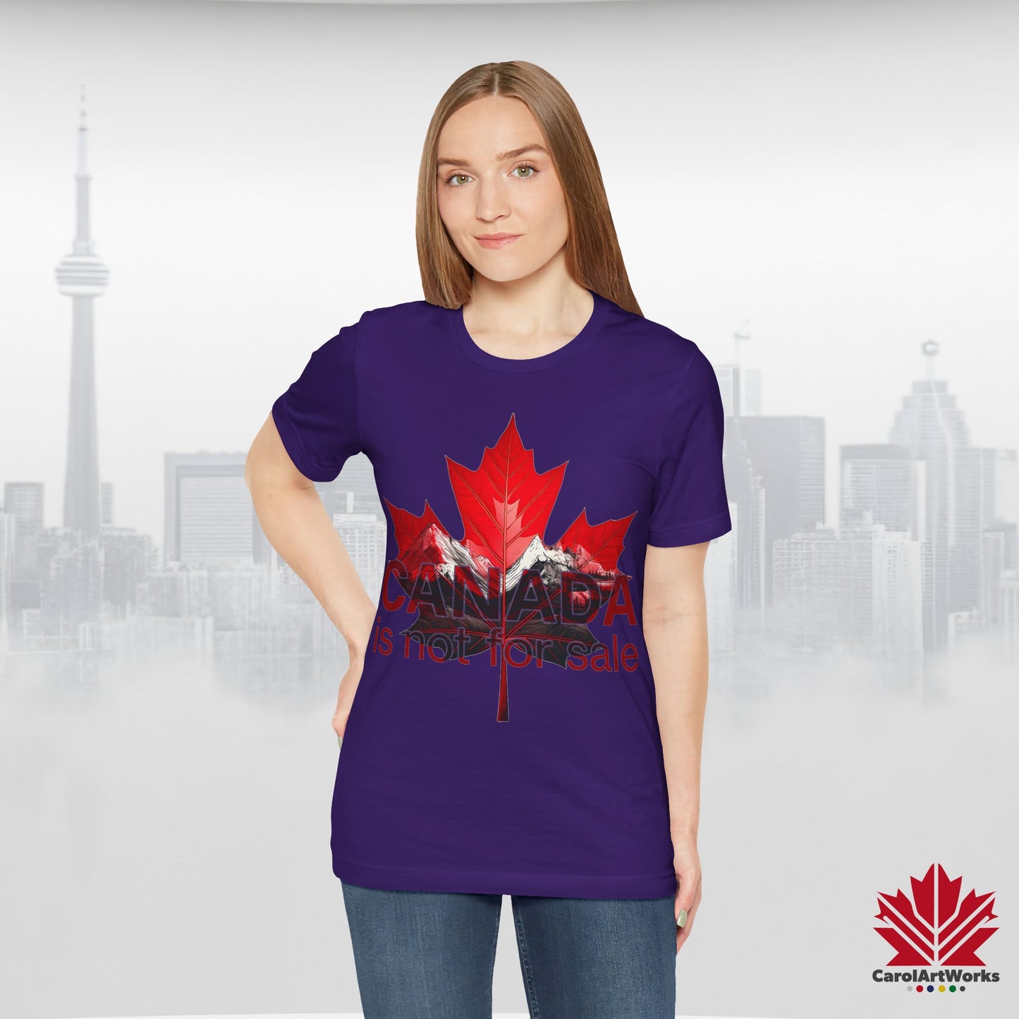 “Canada is not for Sale” Unisex Short Sleeve Tee – Red Maple Leaf and Mountains, Stylish Canada Shirt