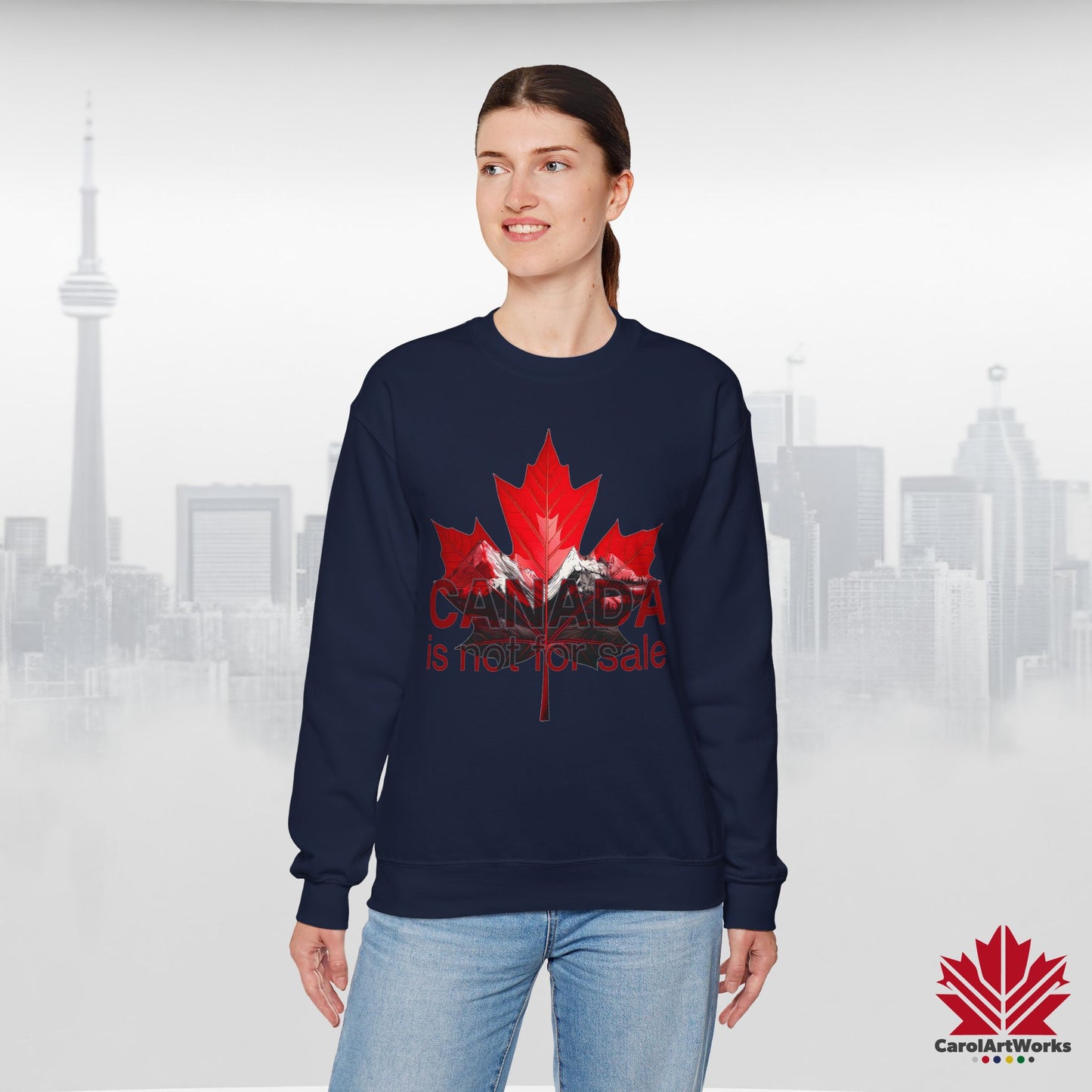 “Canada is Not for Sale” Crewneck Sweatshirt - Red Maple Leaf and Mountains, Soft and Warm
