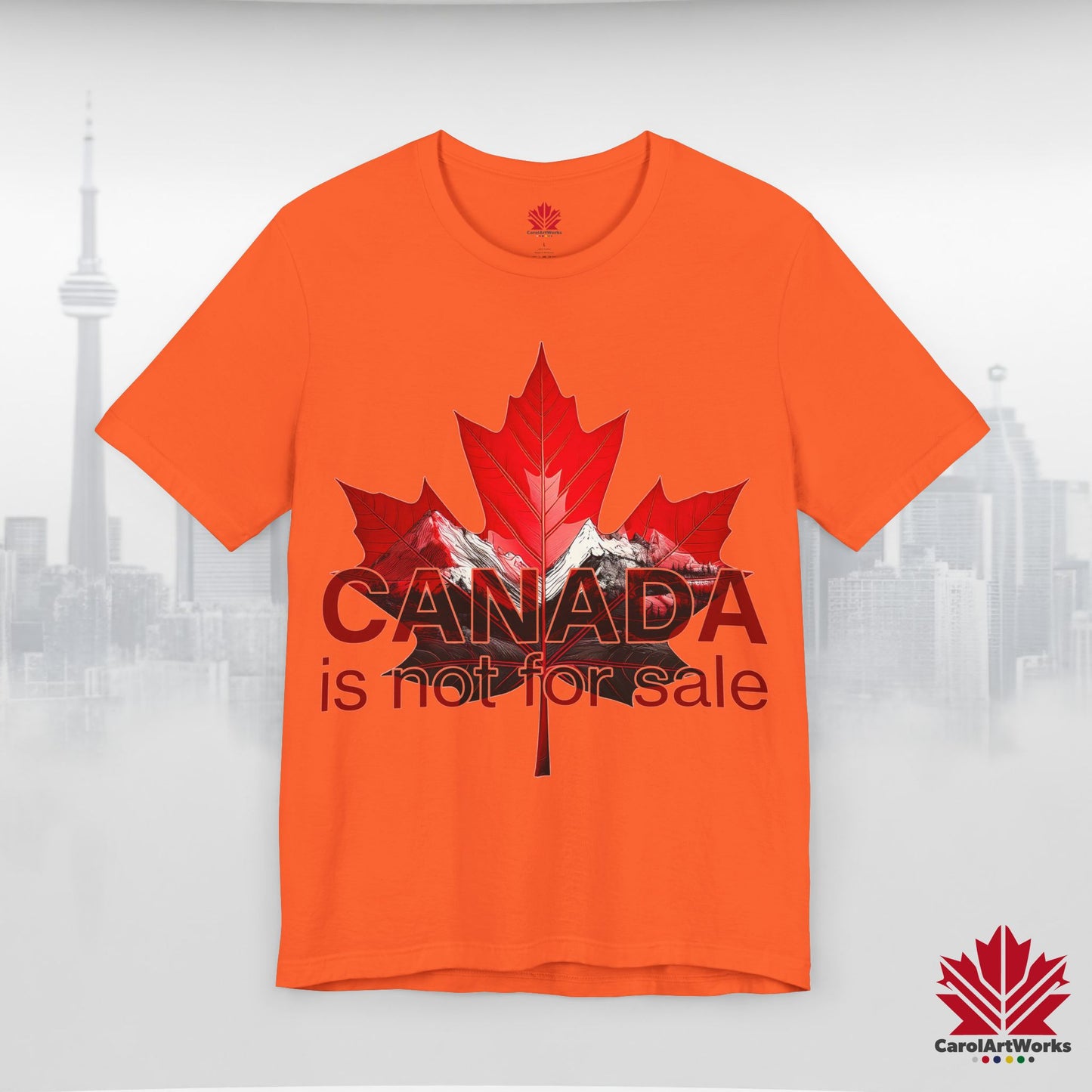 “Canada is not for Sale” Unisex Short Sleeve Tee – Red Maple Leaf and Mountains, Stylish Canada Shirt
