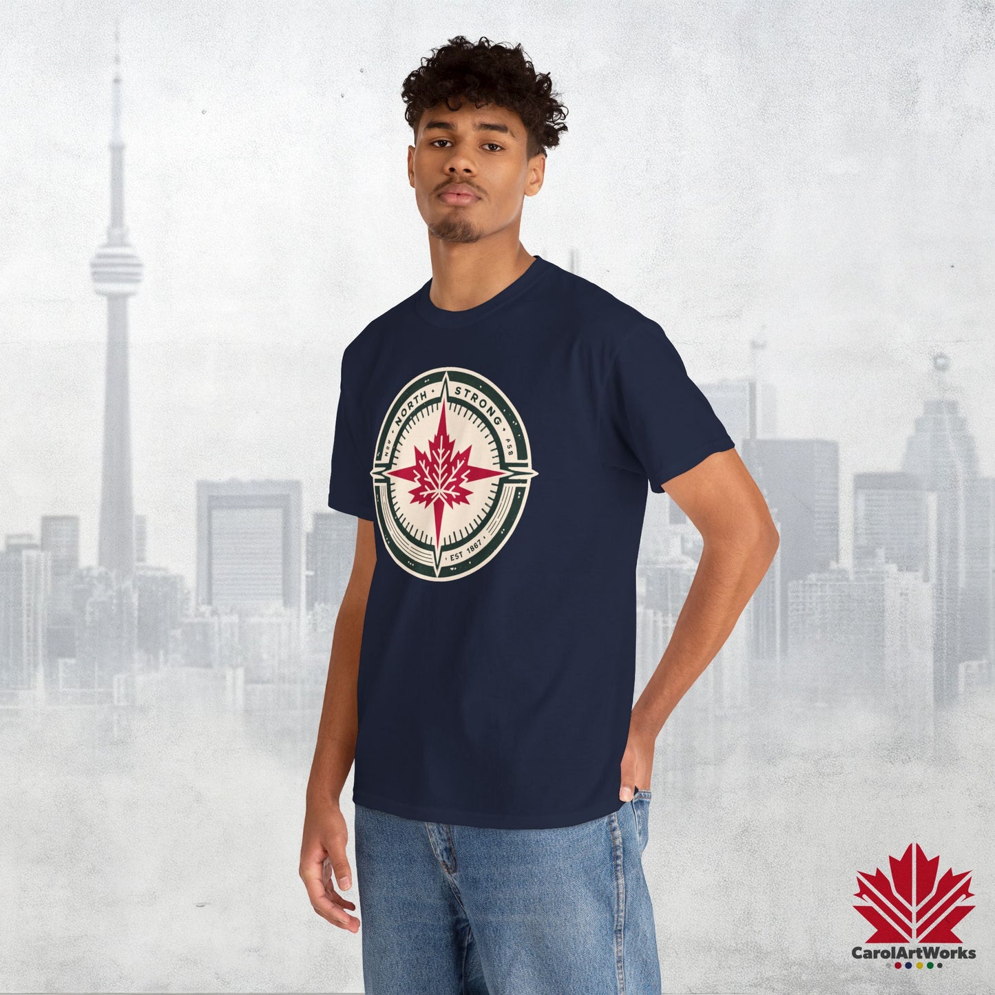 “North Strong” Compass Design – Unisex Cotton Tee – Navigate Adventure with Canadian Pride