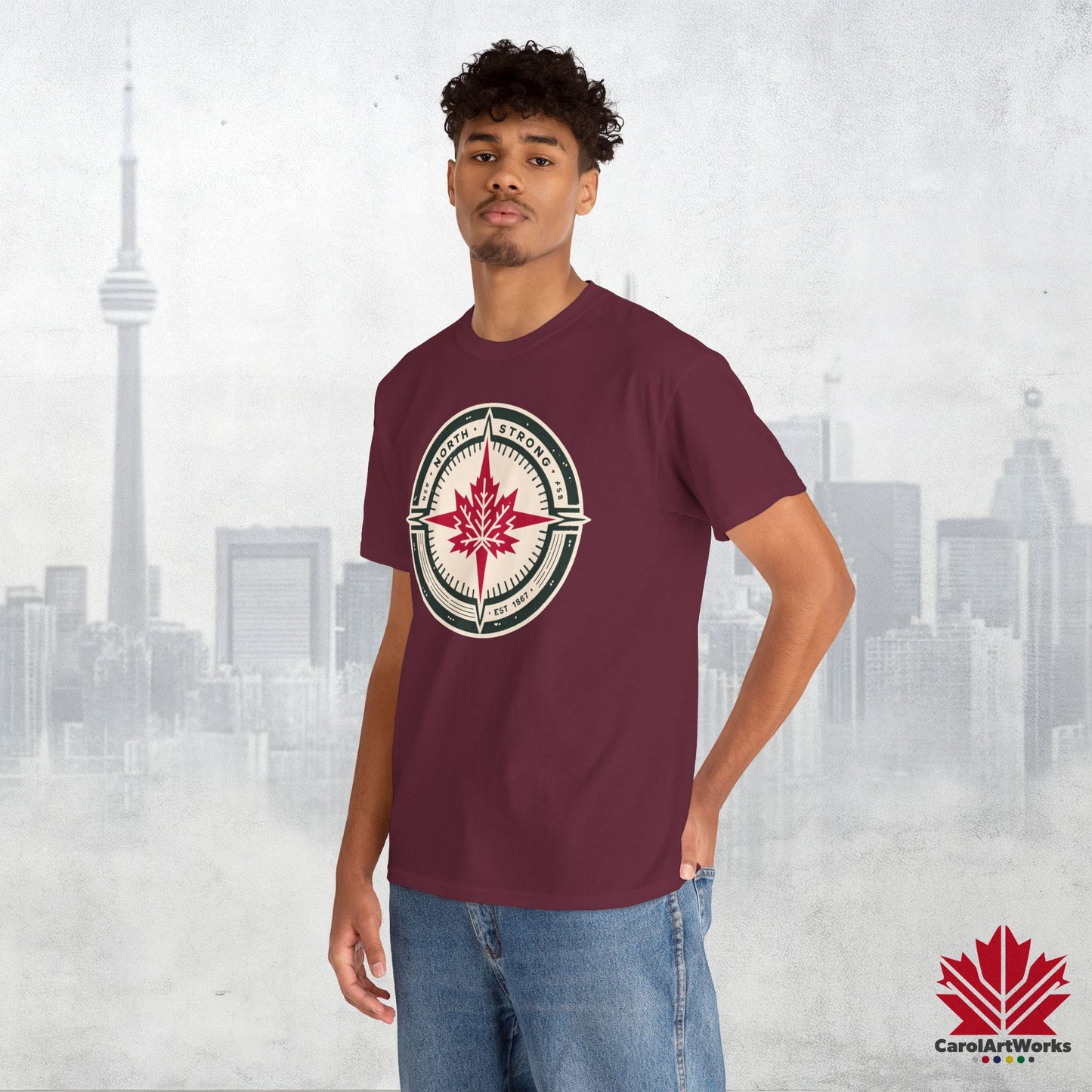 “North Strong” Compass Design – Unisex Cotton Tee – Navigate Adventure with Canadian Pride
