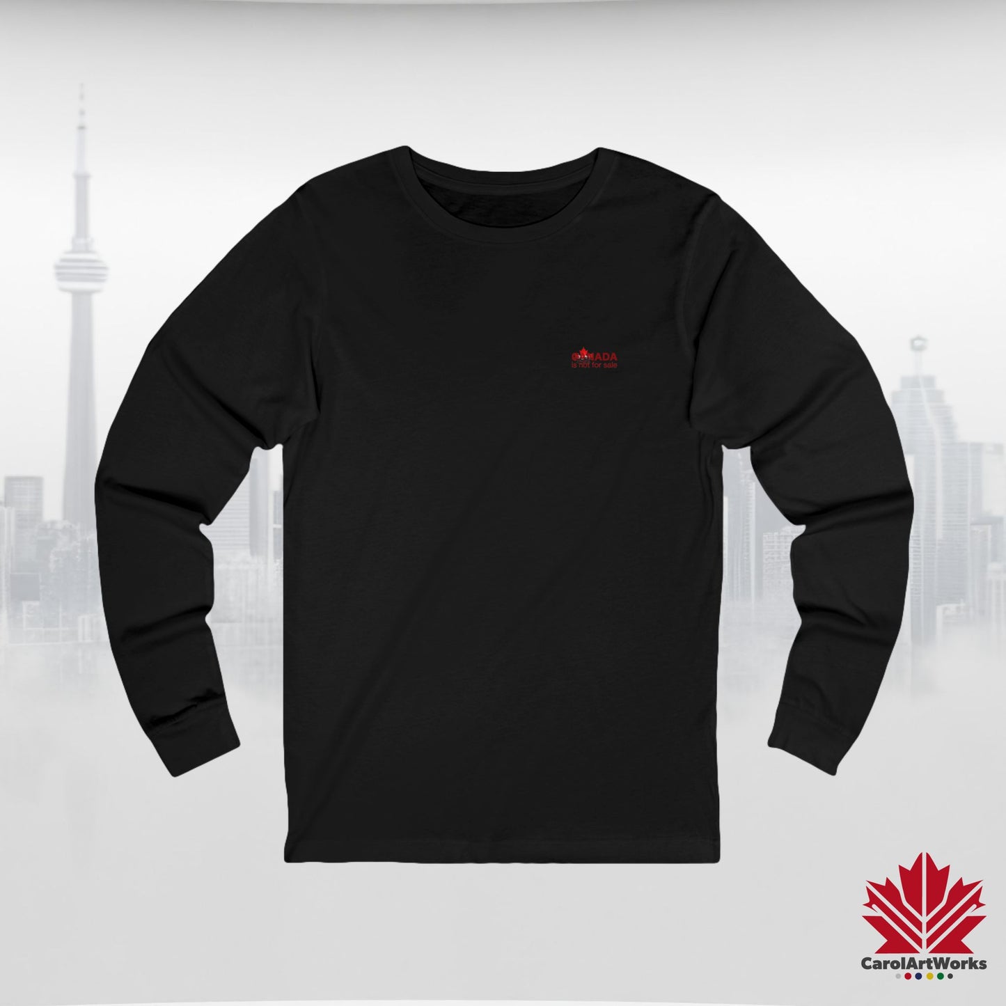 Unisex Long Sleeve Tee “Canada is Not for Sale” – Red Maple Leaf and Mountains, Canadian Pride Shirt
