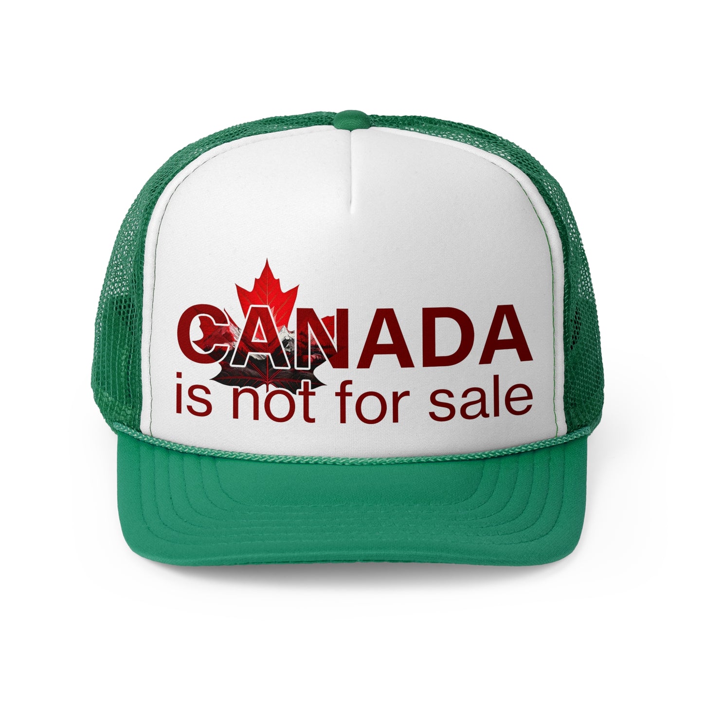 Trucker Cap “Canada is Not for Sale” – Adjustable Mesh Hat, Red Maple Leaf and Mountains Design