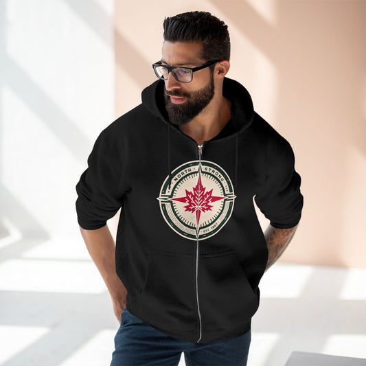 “North Strong” Compass Design Unisex Zip Hoodie – Navigate Adventure with Canadian Pride