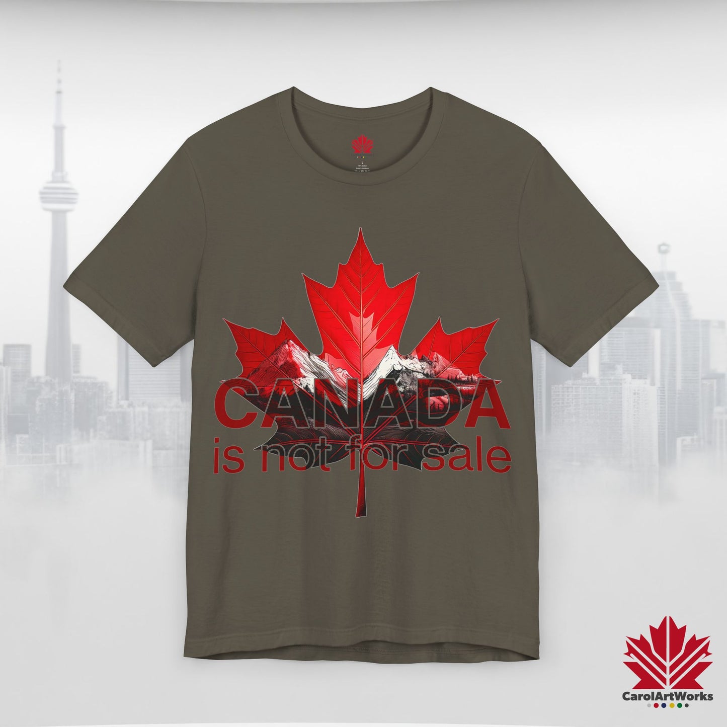 “Canada is not for Sale” Unisex Short Sleeve Tee – Red Maple Leaf and Mountains, Stylish Canada Shirt