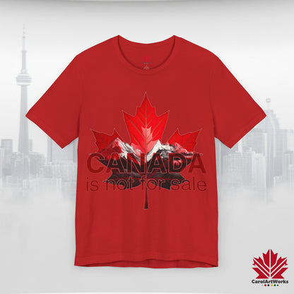 “Canada is not for Sale” Unisex Short Sleeve Tee – Red Maple Leaf and Mountains, Stylish Canada Shirt