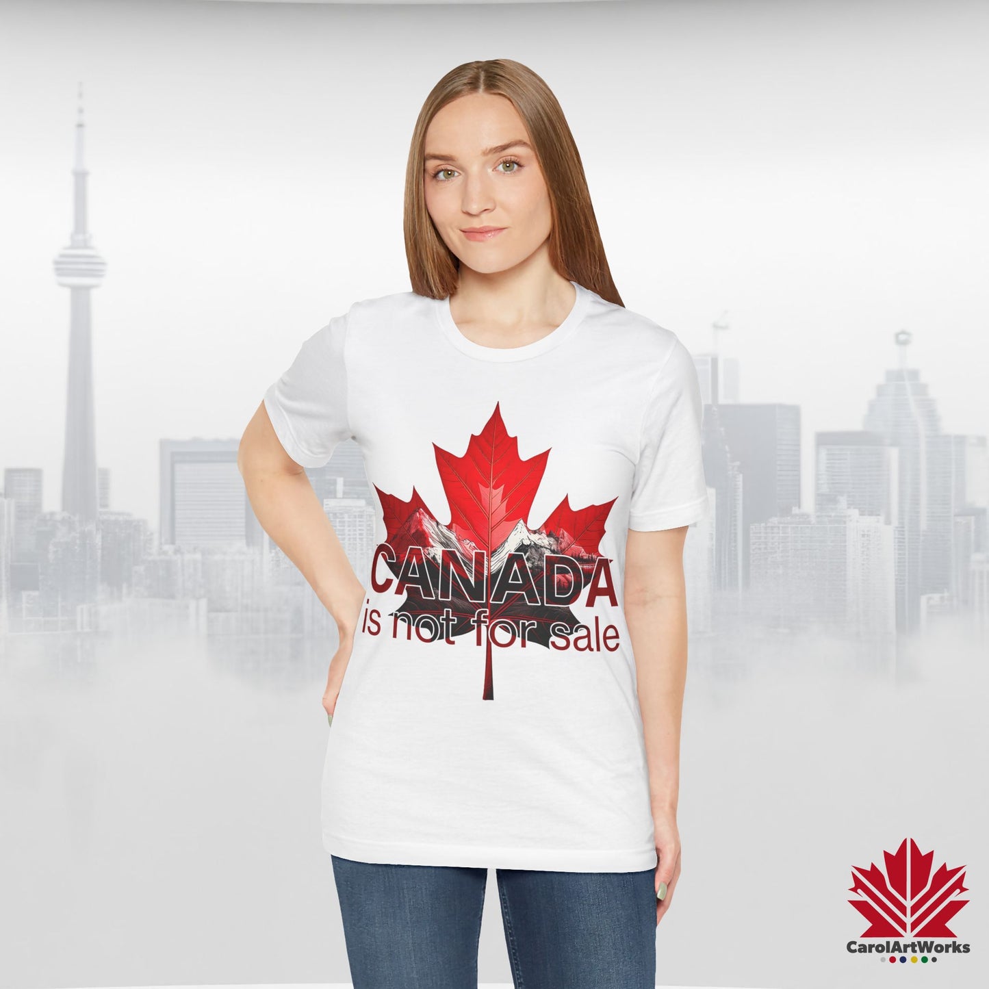 “Canada is not for Sale” Unisex Short Sleeve Tee – Red Maple Leaf and Mountains, Stylish Canada Shirt