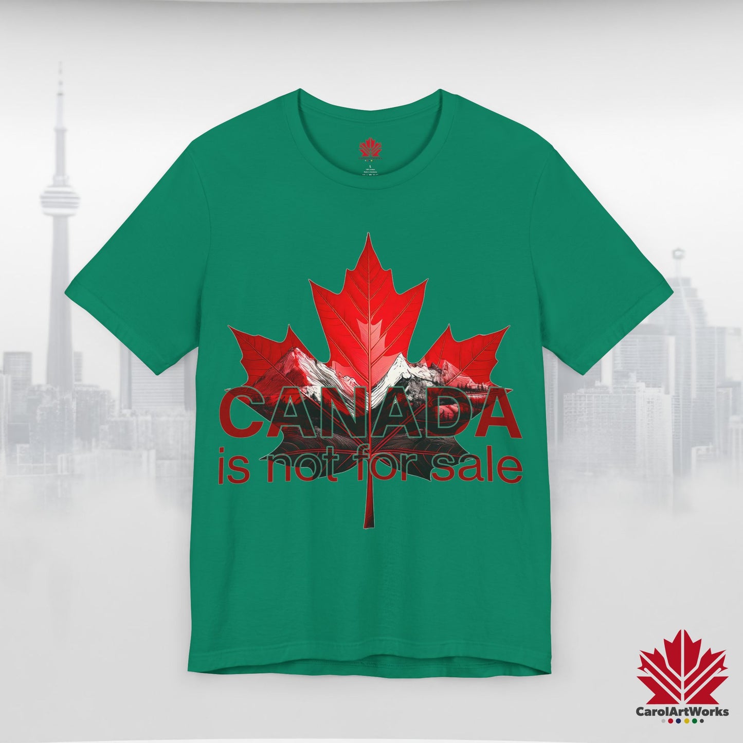 “Canada is not for Sale” Unisex Short Sleeve Tee – Red Maple Leaf and Mountains, Stylish Canada Shirt