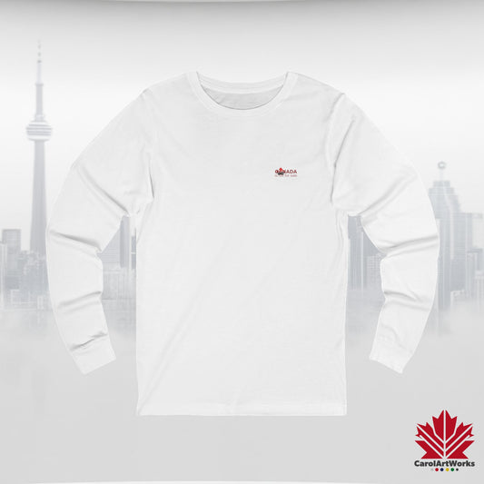 Unisex Long Sleeve Tee “Canada is Not for Sale” – Red Maple Leaf and Mountains, Canadian Pride Shirt