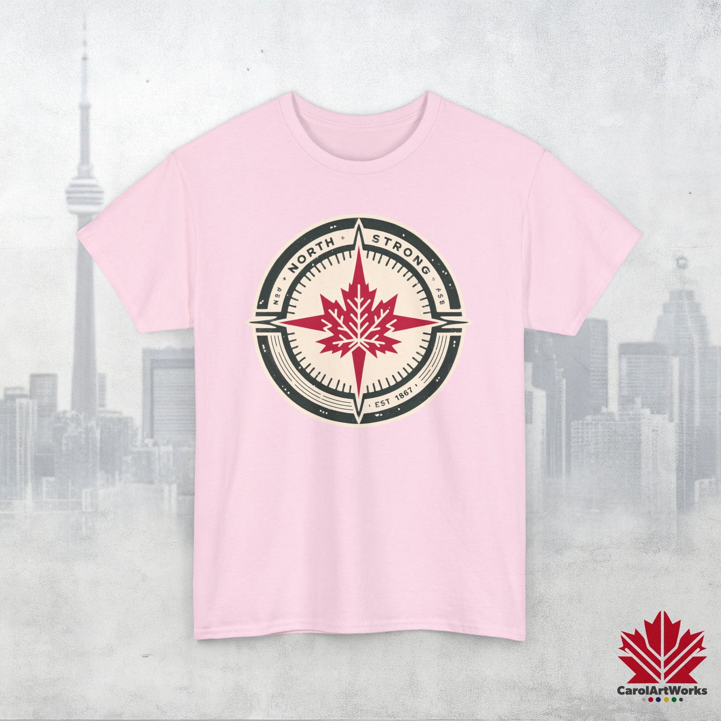 “North Strong” Compass Design – Unisex Cotton Tee – Navigate Adventure with Canadian Pride