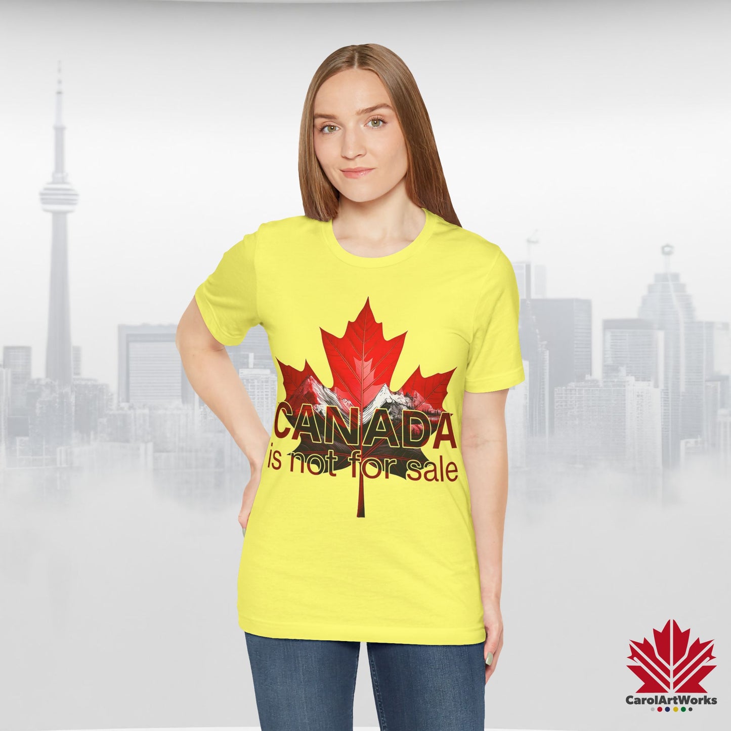 “Canada is not for Sale” Unisex Short Sleeve Tee – Red Maple Leaf and Mountains, Stylish Canada Shirt
