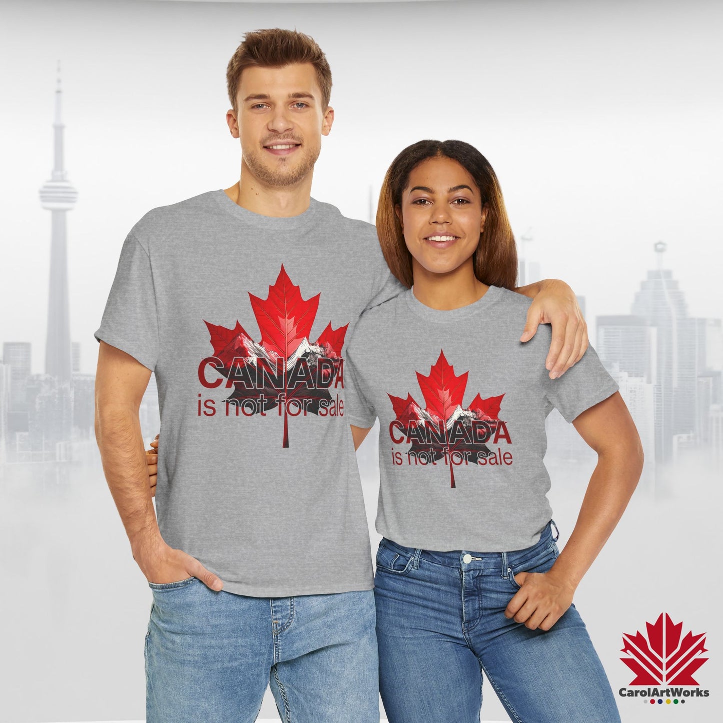 “Canada is not for Sale” Unisex Heavy Cotton Tee – Red Maple Leaf and Mountains, Stylish Canada Shirt